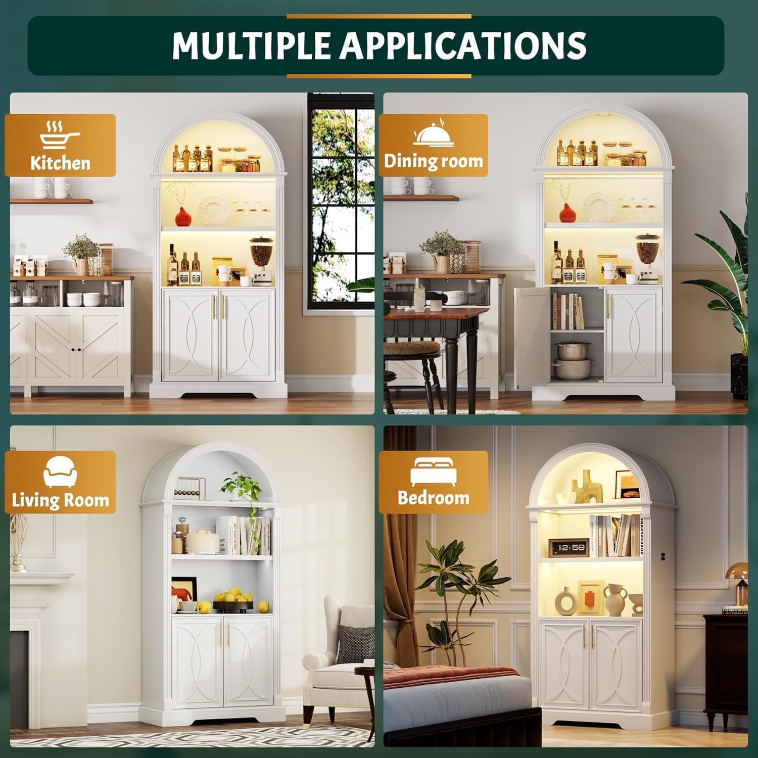 Vlsrka 71" Tall Arched Kitchen Pantry Cabinets, Wood Kitchen Storage Cabinets/Arched Bookshelf/Bookcase,China Cabinet with Open & Adjustable Shelves, Induction LED Light (White 2 PCS)