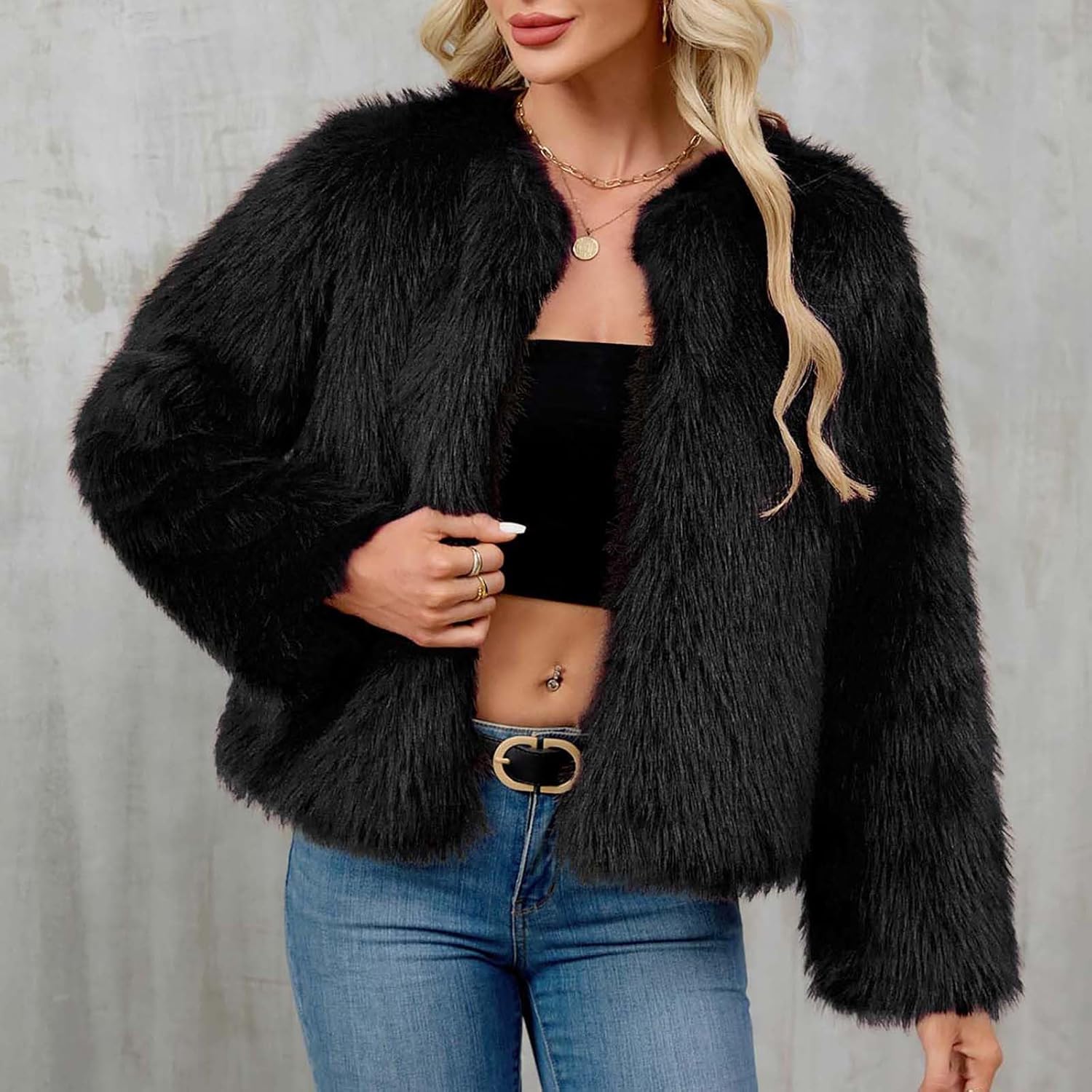 Lmdudan Fur Coat for Women Faux Furry Long Sleeve Cropped Fluffy Jacket Open Front Coat Shaggy Warm Fall Winter Outerwear