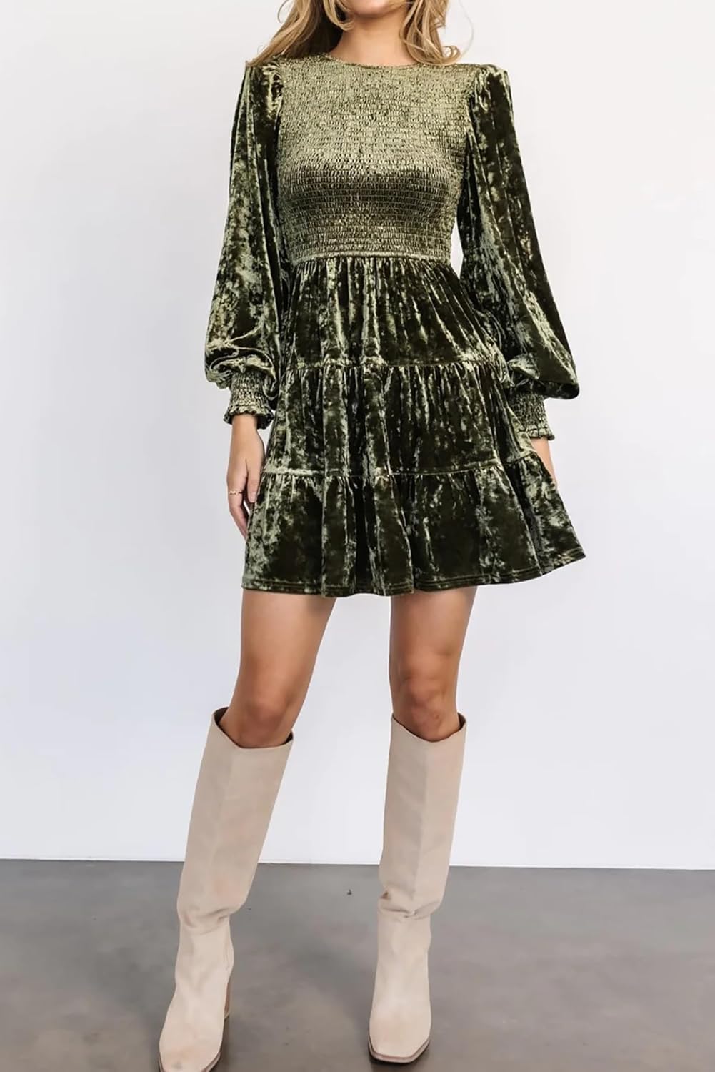 R.Vivimos Women's Fall Winter Crushed Velvet Dress Long Sleeve Crew Neck Elastic Smocked A-Line Tiered Ruffle Mini Dress - Image 2