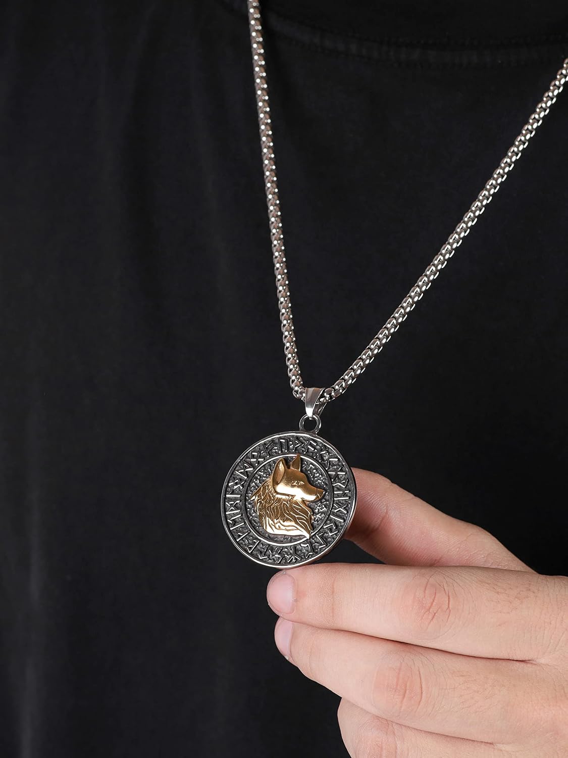 HAQUIL Viking Wolf Necklace, Ancient Runes Medallion with Fenrir Wolf Head Pendant, Viking Jewelry Gift image 4
