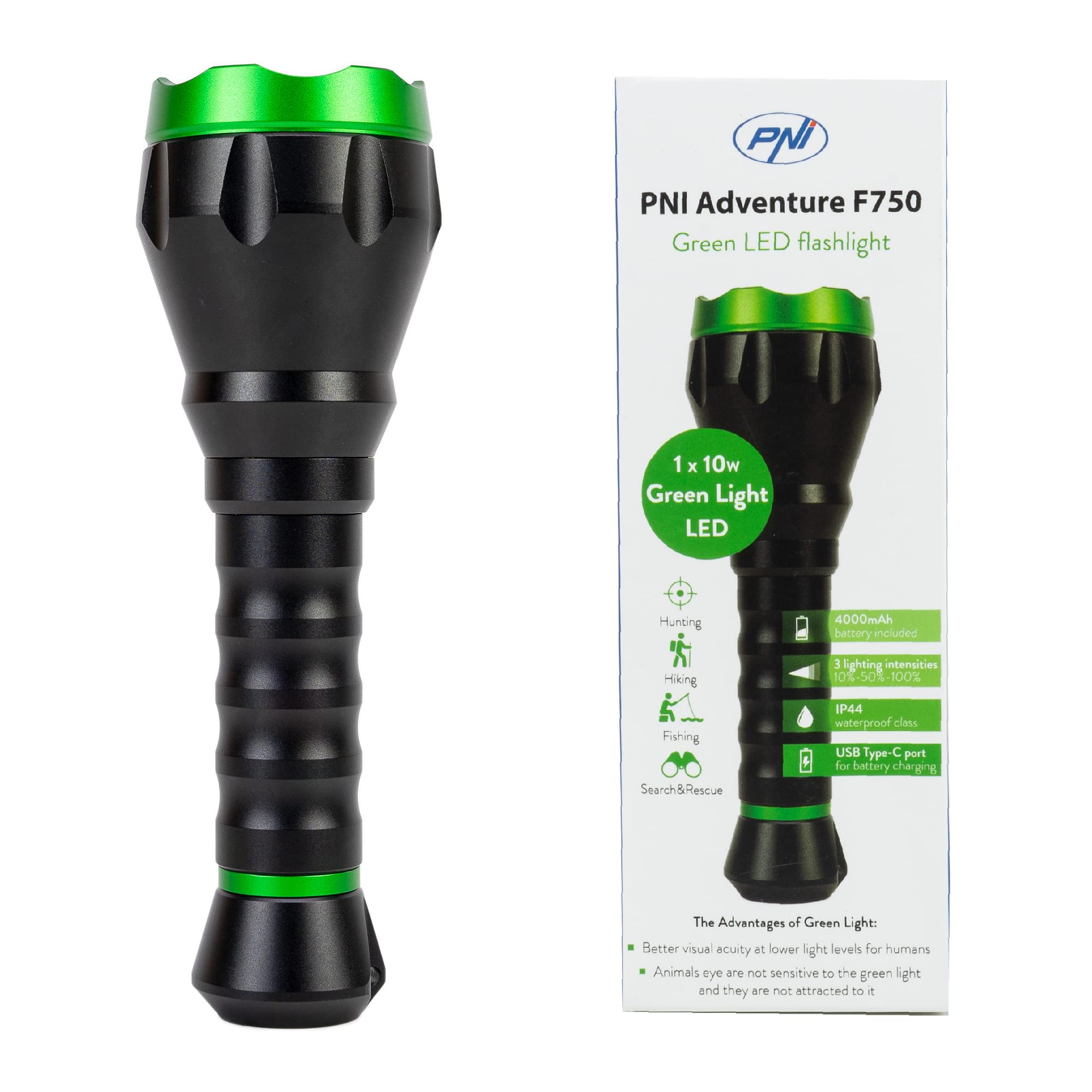 PNI Adventure F750 Green Light Aluminium Torch, LED 10 W, 500 lm, up to 850 m, IP44, 4000 mAh Battery Included, Charging via USB Type-C, Perfect Green Light for Hunting