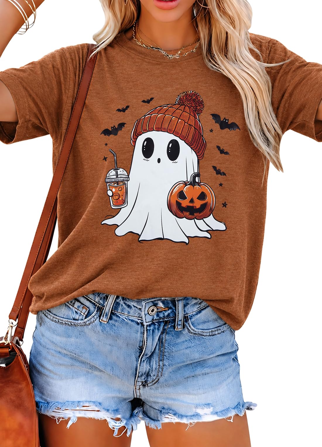 Halloween Shirts for Women Cute Ghost Shirt Fall Spooky Season Tshirt Large Orange