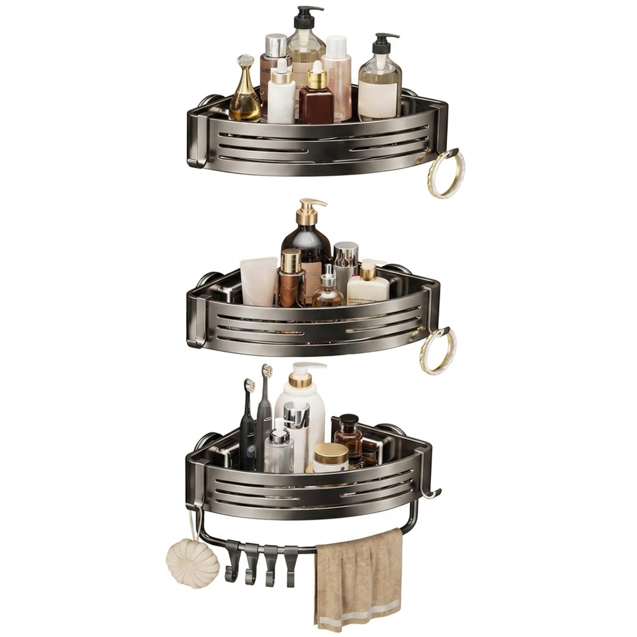 Perodlly Shower Rack Corner, 3-Pack Corner Shower Caddy Suction Cup Bathroom Organizer Shelf with Rod & 6 Hooks (6.8cm Raised Edge)..
