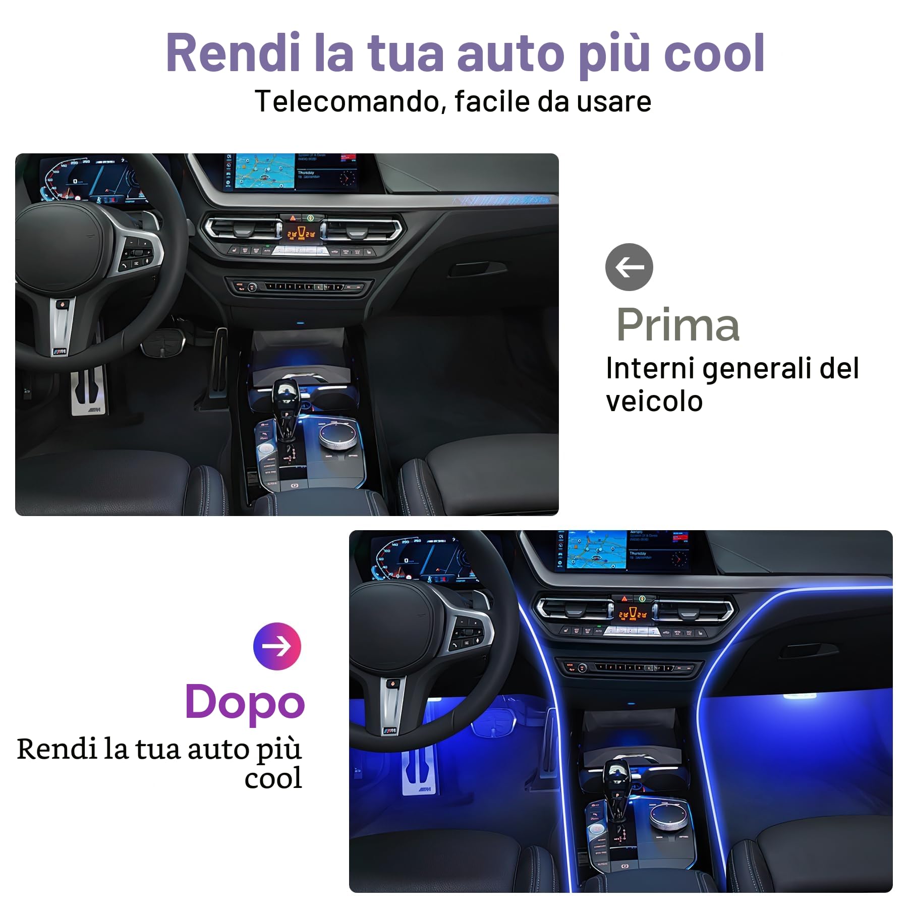 Illuminazione LED per interni auto, 5-12 V, 4 pezzi, RGB, striscia da 4 m, controllo tramite app o tasti, luce neon da ambiente, con USB, funzione a ritmo di musica