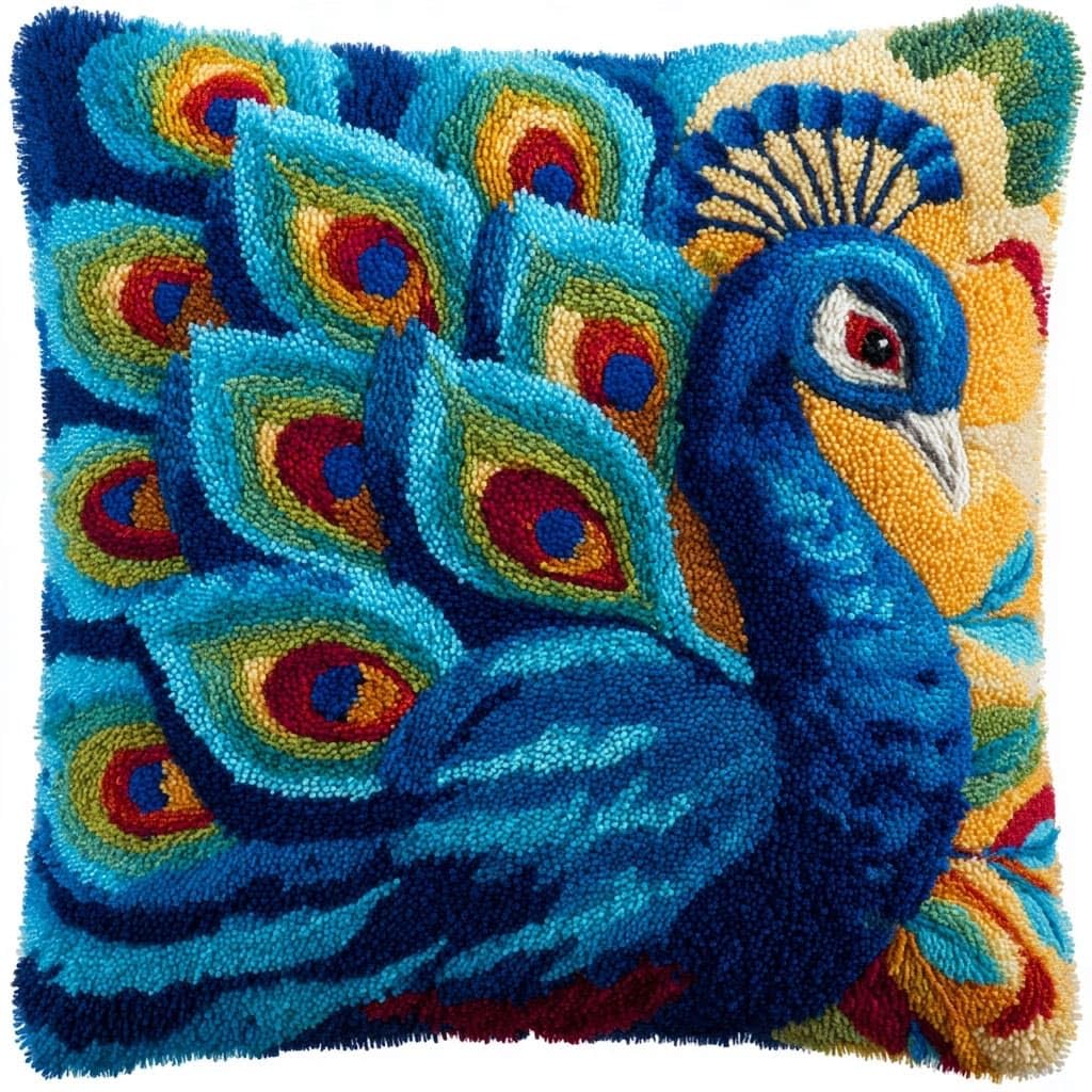 Henypt Latch Hook Cushion Kits 17X17inch, Peacock