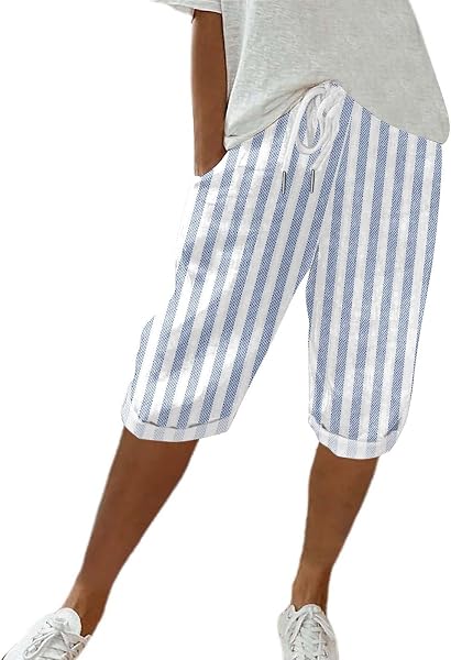 Short Long Femme Lin - Short D'éTé - Shorts Et Bermudas Femme - Taille éLastique - Genou - Rayé - Respirants Léger DéContractéE Plage Pantalon Court avec Cordon de Serrage et Poches - 4