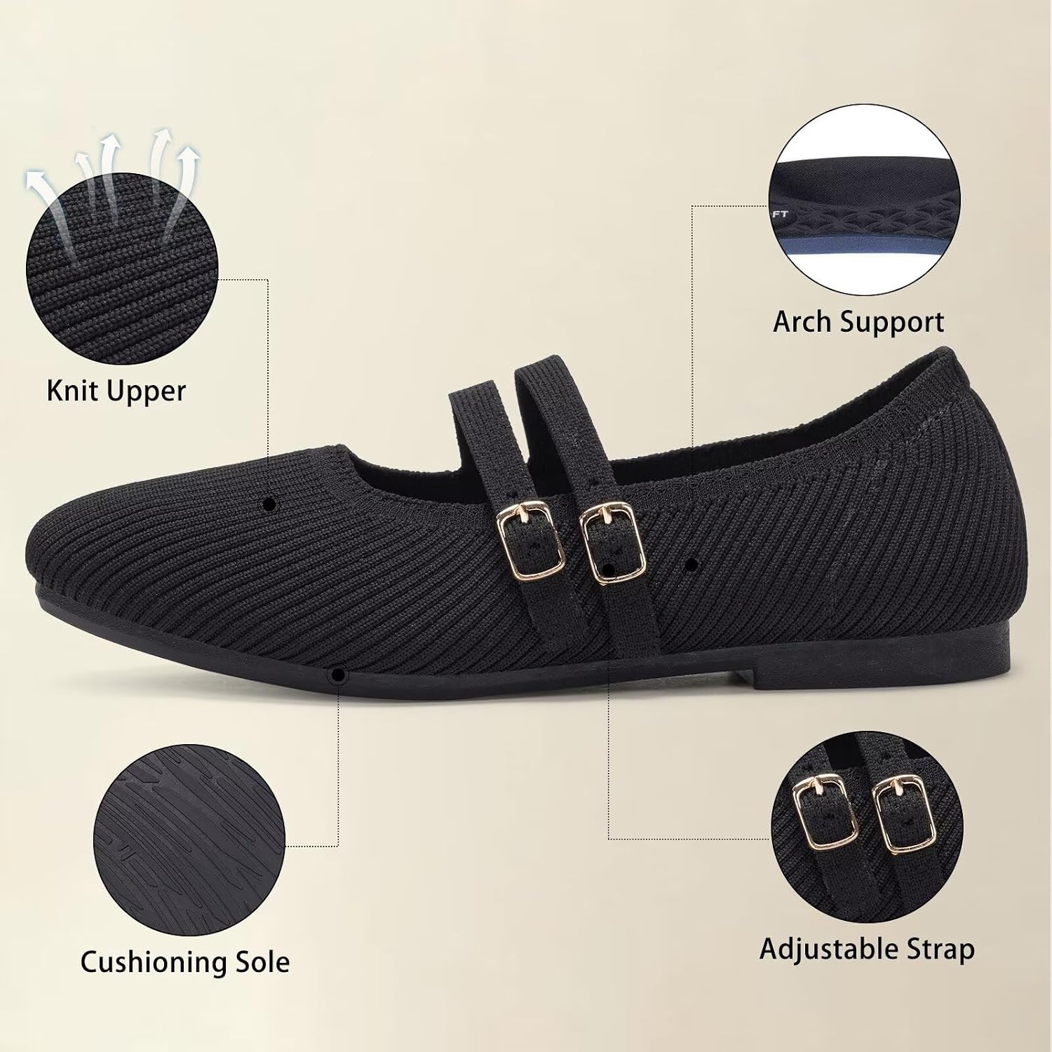 Frank Mully Women's Flats Square Toe Mary Jane Shoes Ballet Flats with Strap Comfortable Slip On Knit Shoes Dressy Casual