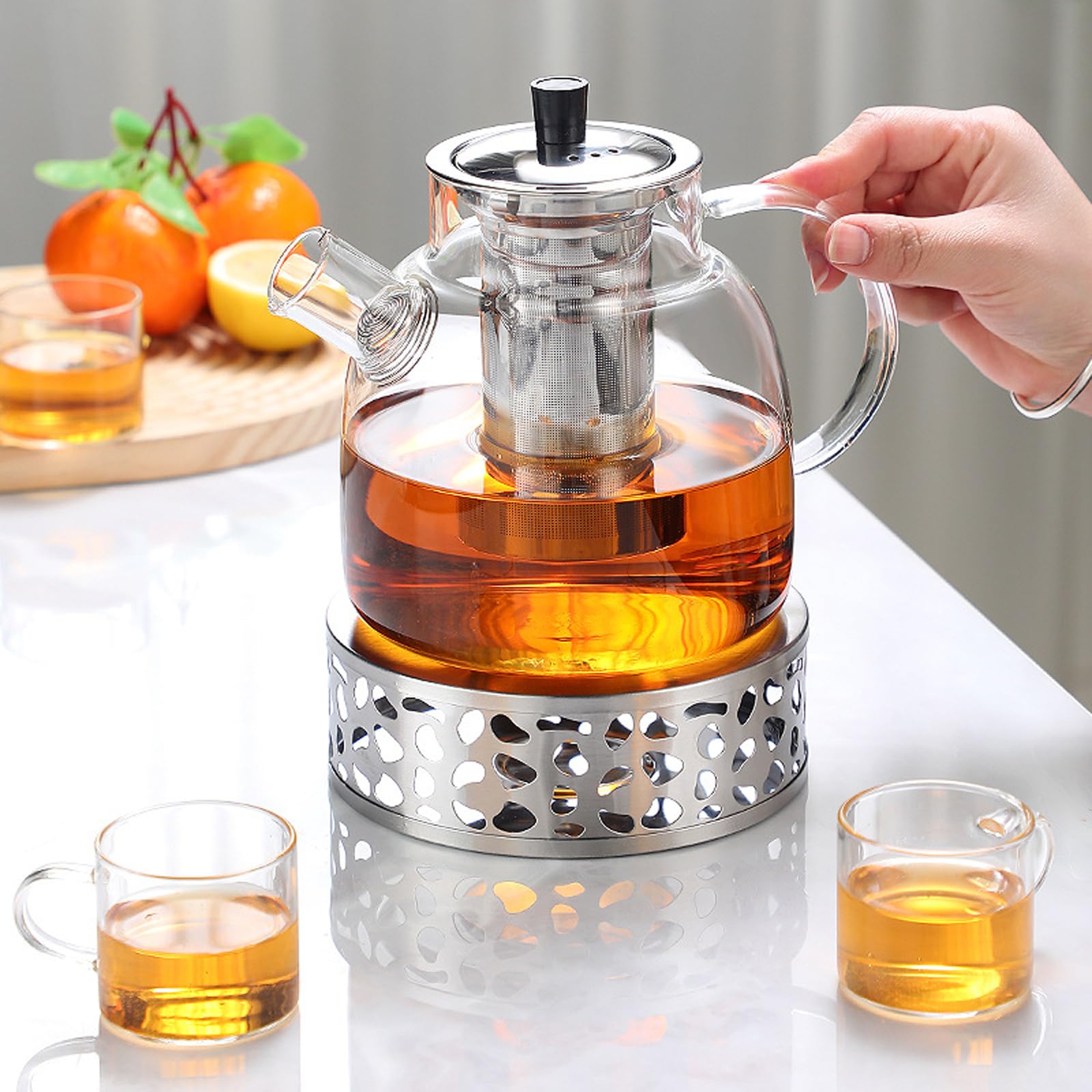 PORFOYO 1800 ml Szklany czajniczek z podgrzewaczem, zaparzaczem, podgrzewaczem do herbaty luzem i torebek na herbatę
