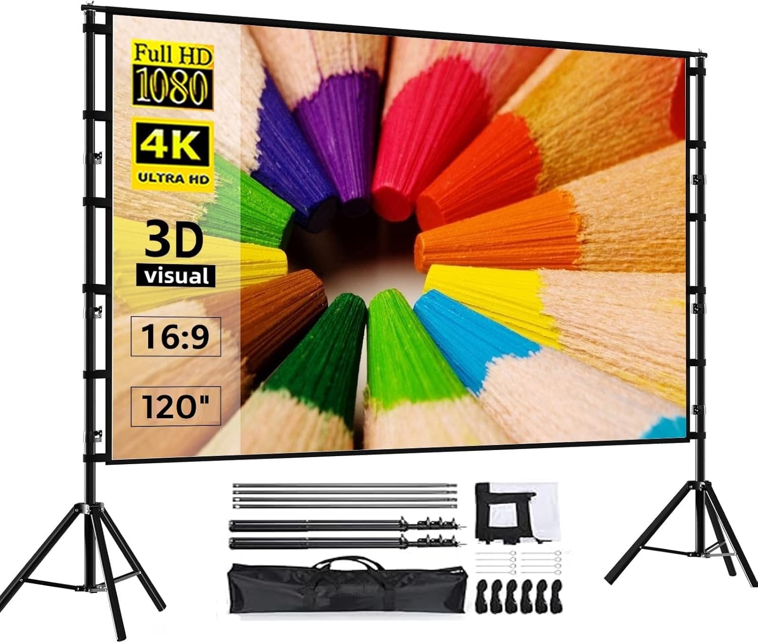 NA Projector Screen with Stand, 120 inch Portable Projector Screen, 4K HD 16:9 Wrinkle-Free Outdoor Movie Screen (1.1Gain, 160° Viewing Angle & Includes a Carry Bag) (projector screen)1