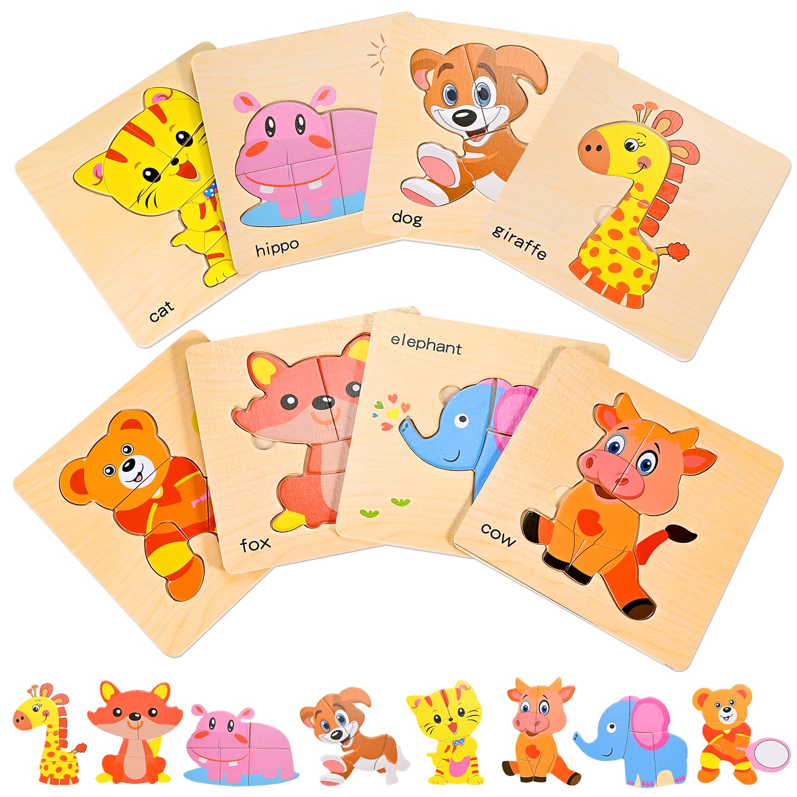 8pcs Wooden Puzzles for Toddlers 2 3 4, Toddler Puzzles Ages 1 2 3 4