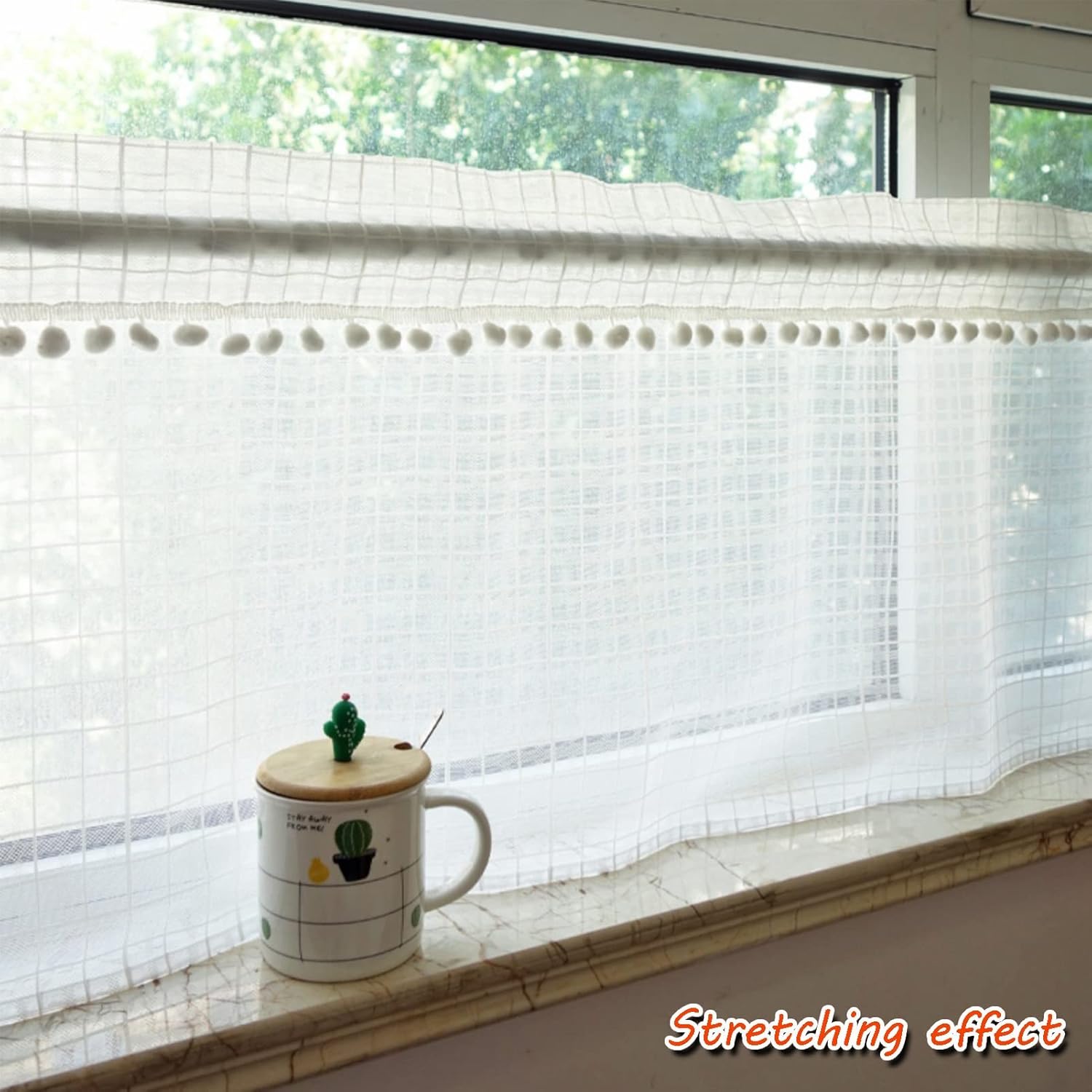 Kitchen Curtain White Lace Valance, Breathable yarn quality Tier Curtains, Semi Sheer with tassel ball one slice, Cafe Curtain Panels, for Living Room Bathroom Windows ( Size : W150xH80cm/59x31.4in )