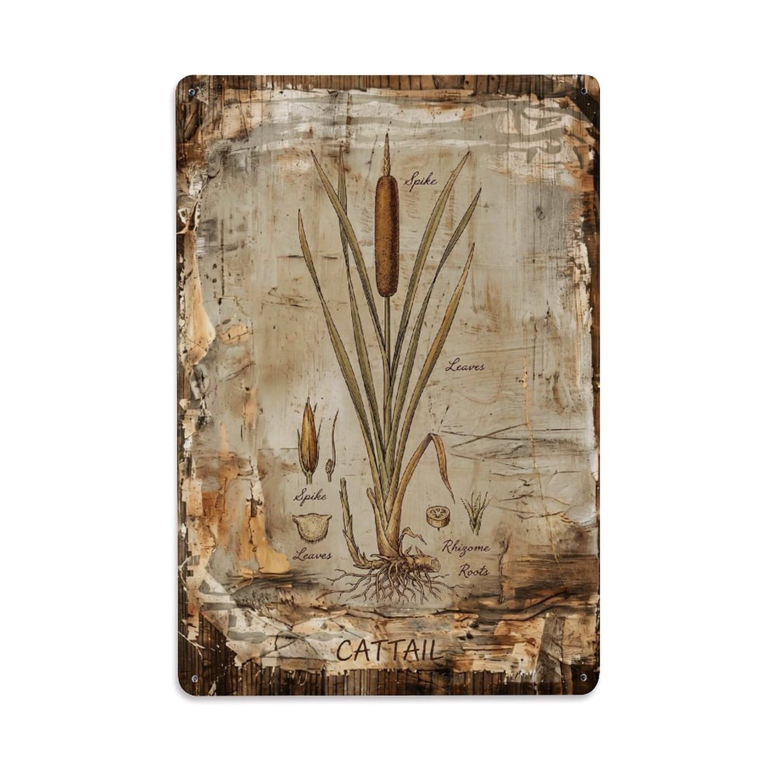 Cattail Botanical Vintage Metal Tin Sign Plaque Wall Decor for Cafe, Club, Garden Metal Poster 8x12Inch