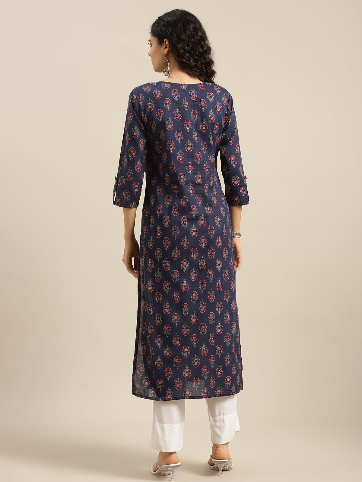 Varanga Women Navy Blue Ethnic Motifs Straight Kurta  Round Neckline With V Notch, 3/4Th Sleeves, Side Slit, Printed Design, Comfortable & Stylish Indian Wear (Double Extra Large)