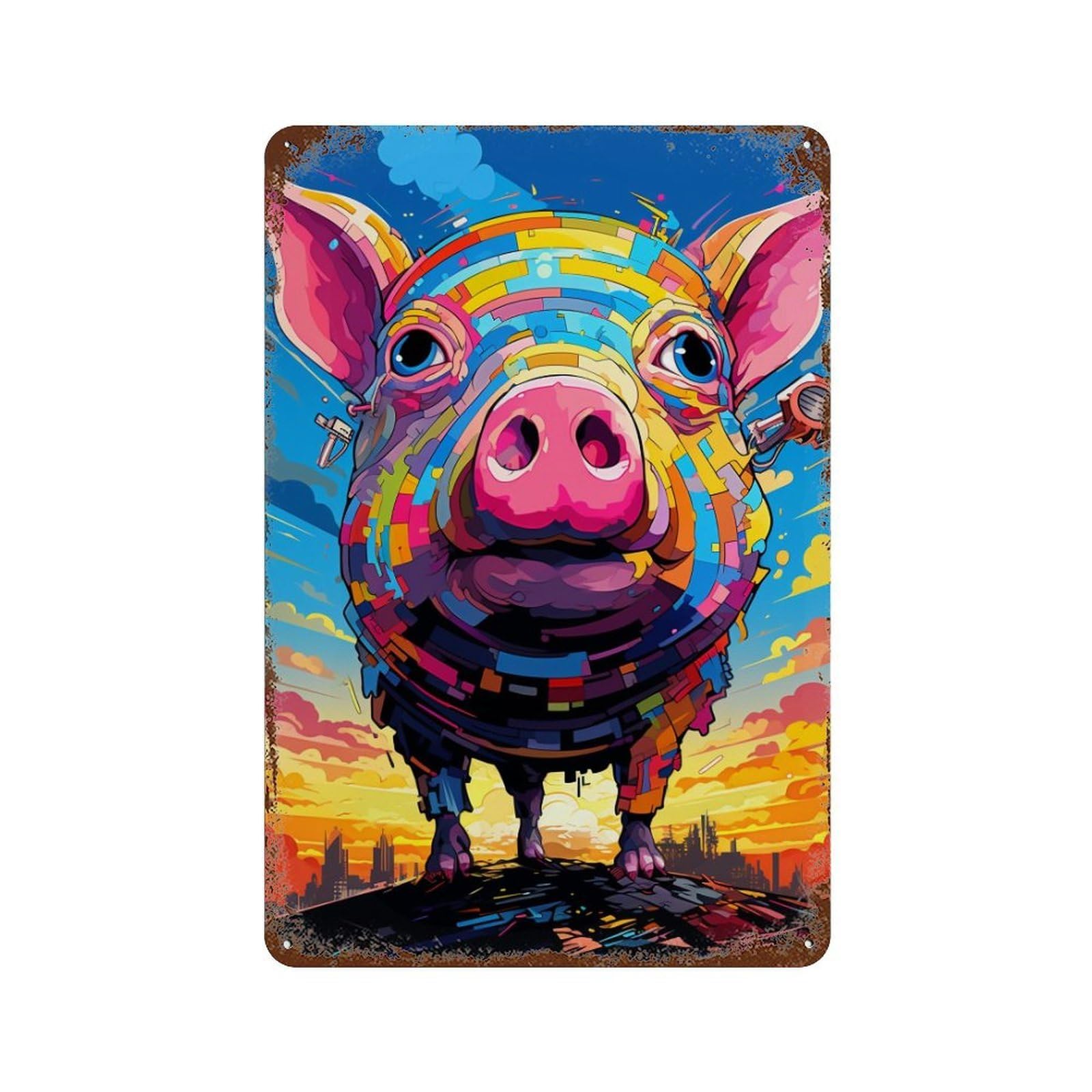 Colorful Pig Art Print-2 Rusty Metal Tin Sign 11.8"x7.9", for Shed, Workshop And Garage Wall Decor, Novelty Wall Decor