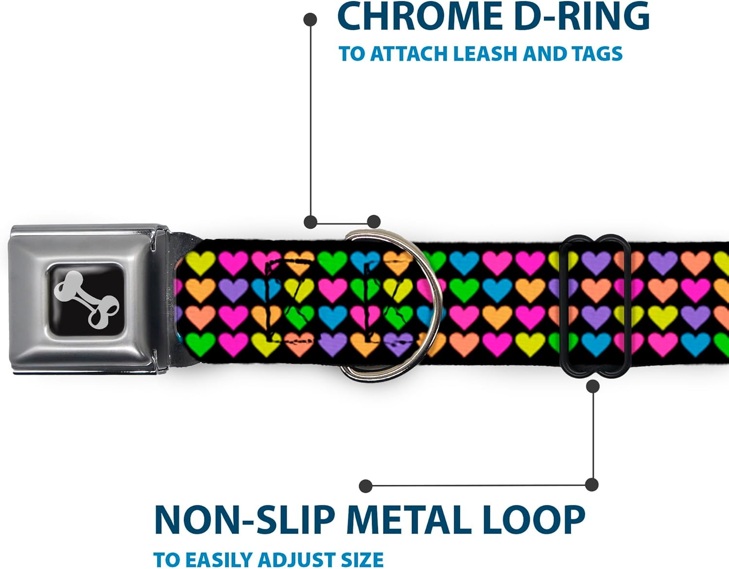 Buckle-Down Seatbelt Buckle Dog Collar - Mini Hearts Black/Multi Neon - 1" Wide - Fits 9-15" Neck - Small