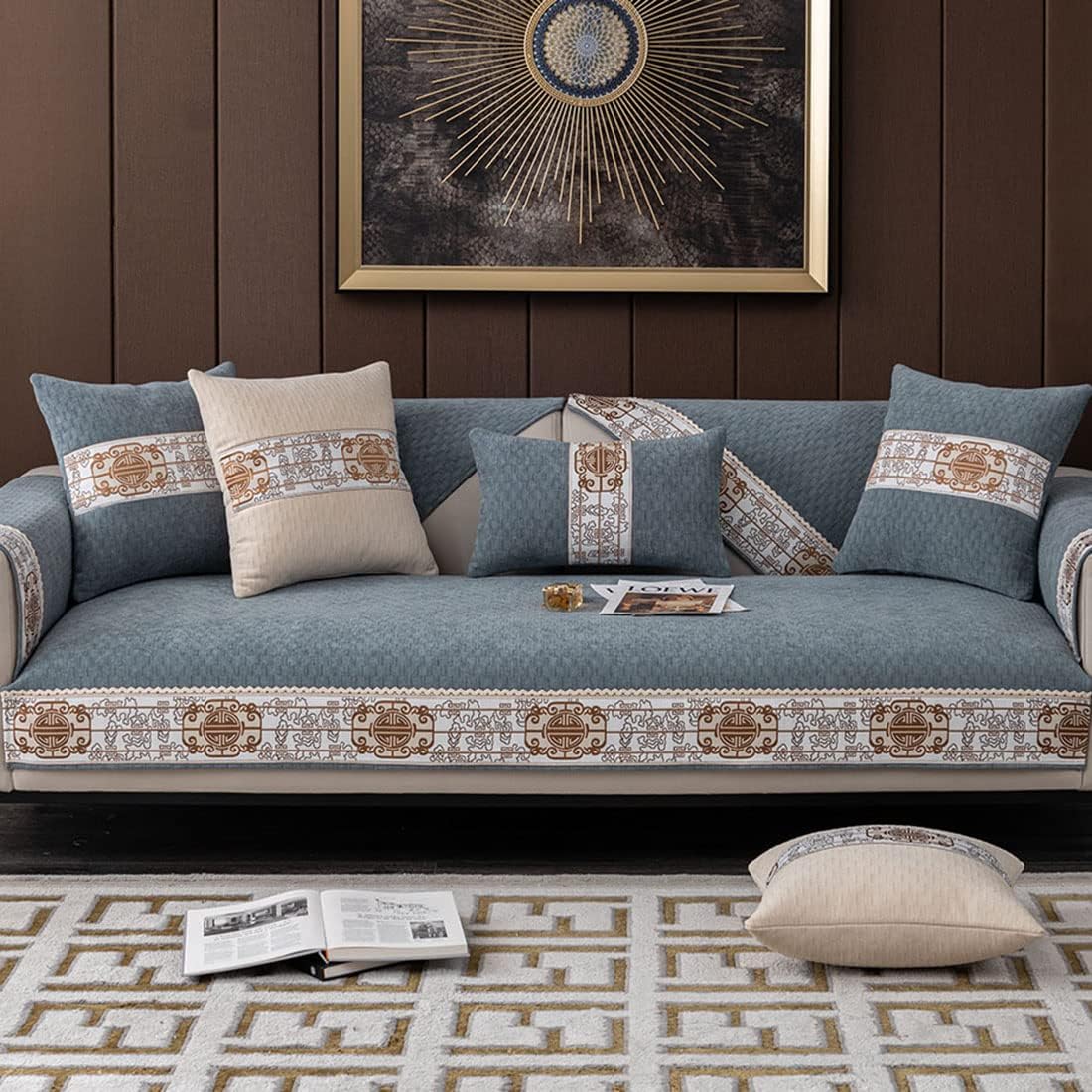 vctops Vintage Chenille Soft Couch Sofa Cover Floral Pattern Sectional Couch Cover Non-Slip Sofa Slipcover Furniture Protector for Pets Kids Children Dog Cat (Greyish Blue,43"x43")
