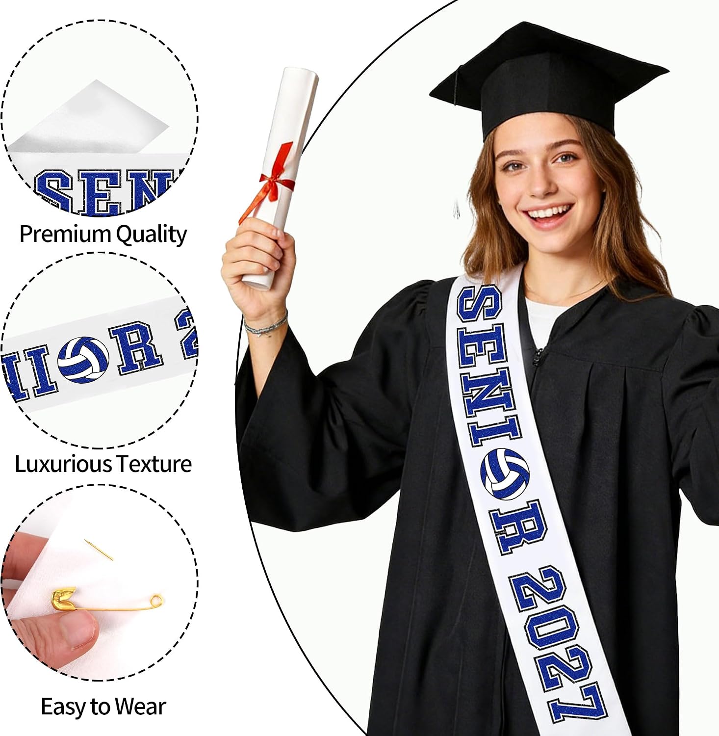 6 Pcs Senior 2027 Volleyball Sashes, Blue Senior Night Graduation