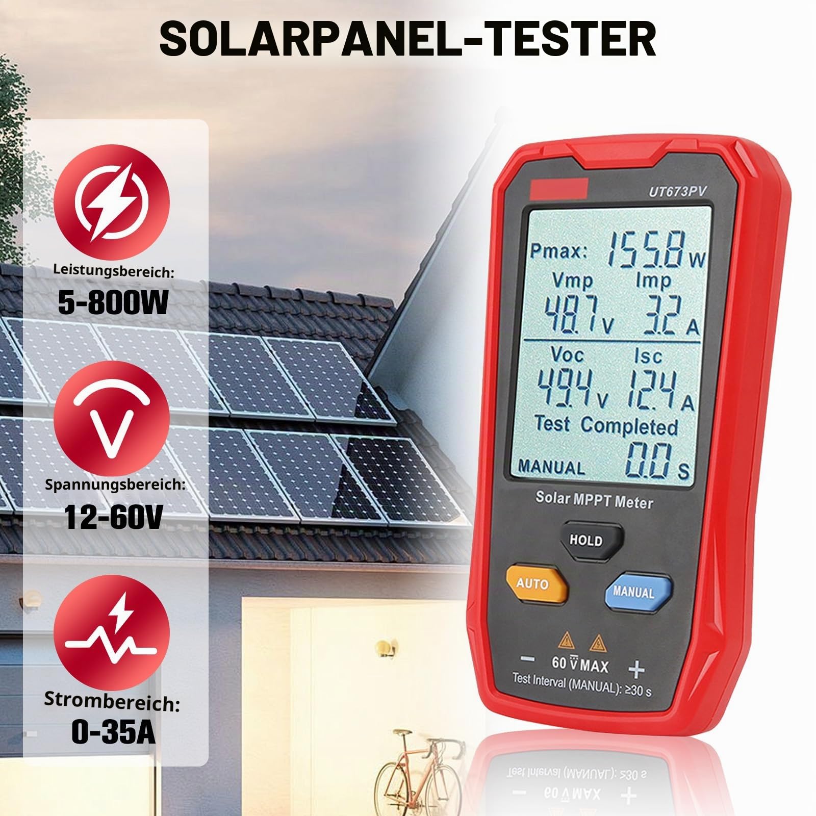 Solarpanel Tester - 800W Photovoltaik Multimeter mit Großem Ultraklarem LCD, Solar MPPT Messgerät, Einfach zu transportieren, benutzerfreundlich, Datentest für Photovoltaikmodule