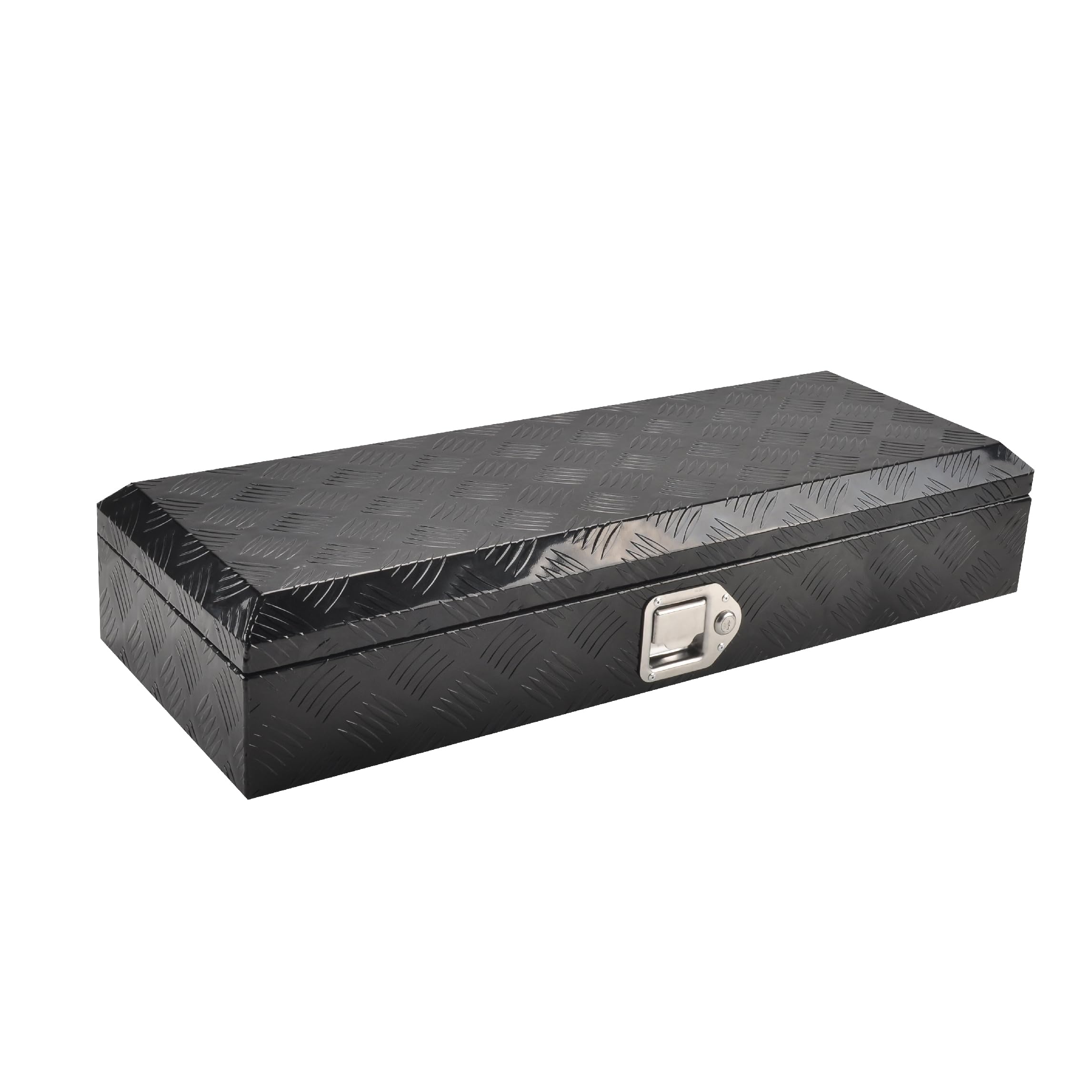 WULAZMU 34.5” x 12.75” x 6.4” Aluminum Tool Box, Heavy Duty 5 Bar Tread Truck Bed Toolbox with Lock and Keys, Waterproof Trailer Storage Box with Side