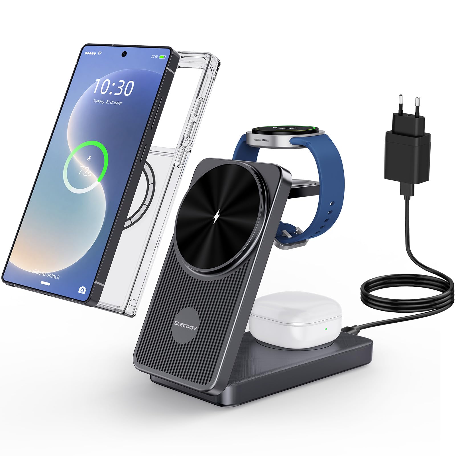 Cargador Magnetico para Samsung, 3 in 1 Cargador Inalámbrico para Viajar | Wireless Charger para Samsung Galaxy S26 Ultra/S25/Z Fold 7/Z Flip 7/Buds, Plegable Base de Carga para Galaxy Watch Ultra/8/7