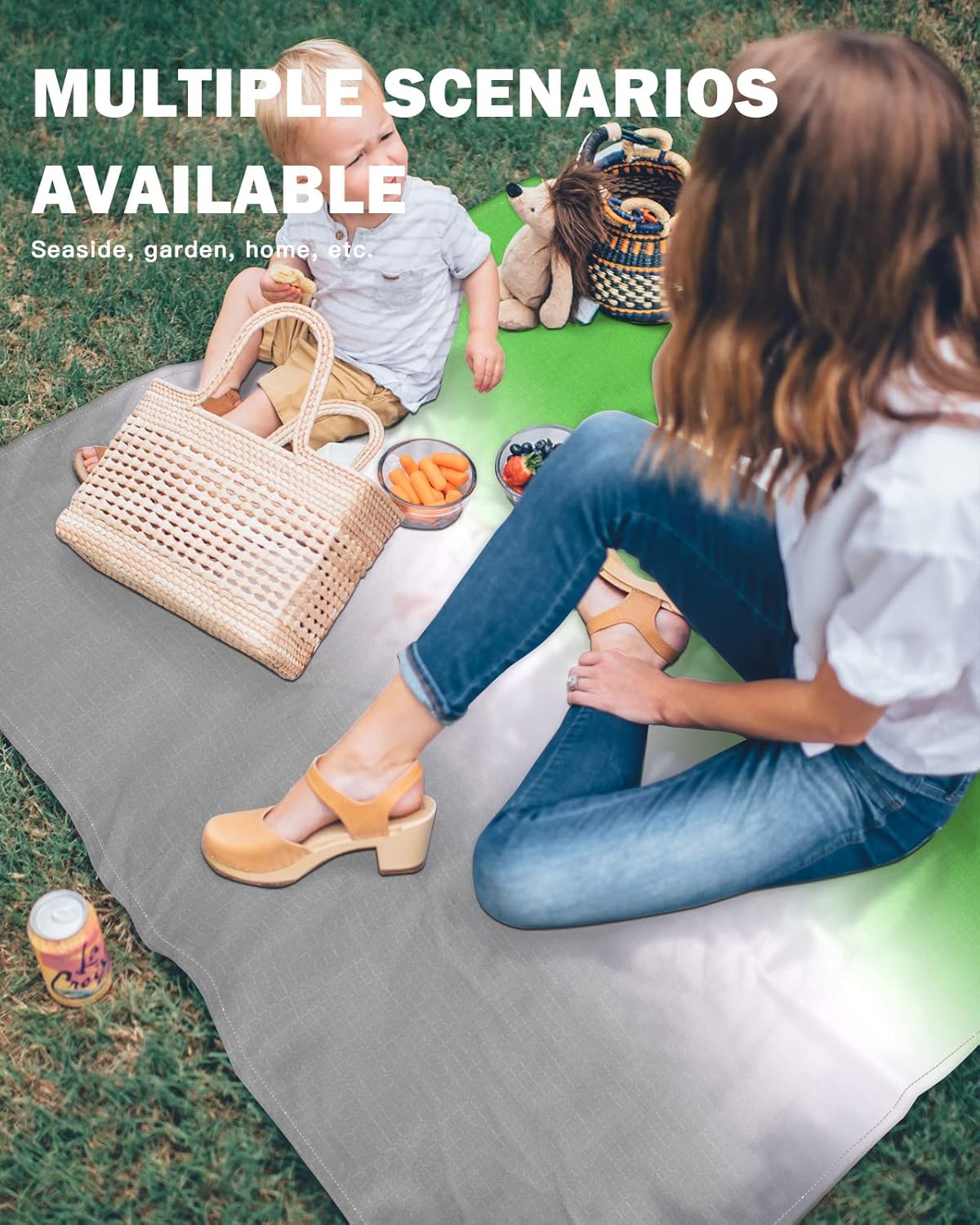 Green Grey White Ombre Art Beach Blanket Waterproof Sandproof Outdoor Picnic Mat 83"x79" Colorful Gradient Lightweight Large Beaach Blankets with 4 Stake & 4 Corner Pockets