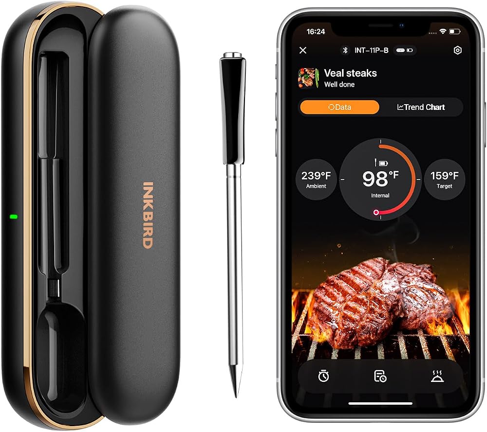 INKBIRD Meat Thermometer Wireless, Smart Bluetooth Meat Thermometer, IP67 Waterproof Wireless Meat Probe with Rechargeable Box for Outdoor Grill Smoker BBQ Rotisserie iOS & Android App