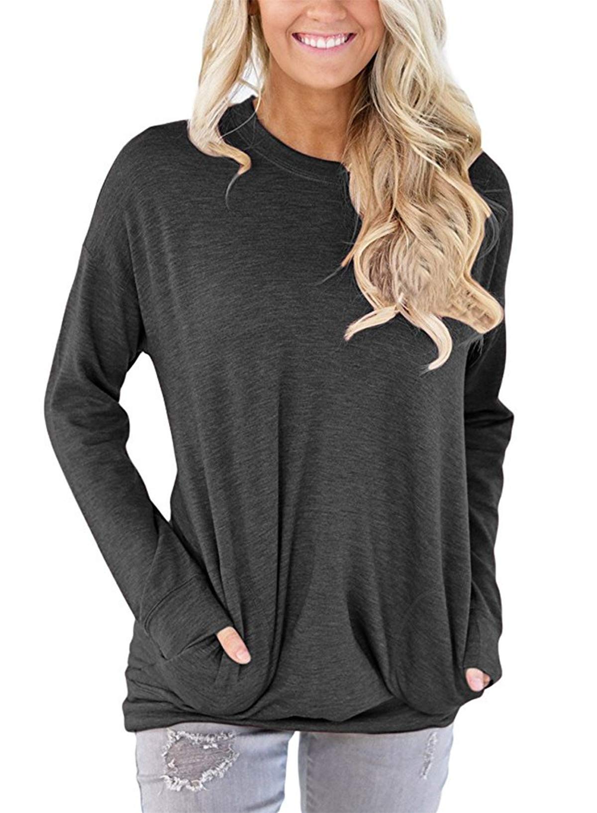 onlypuff Long Sleeve Tunic Tops Casual Sweaters Round Neck