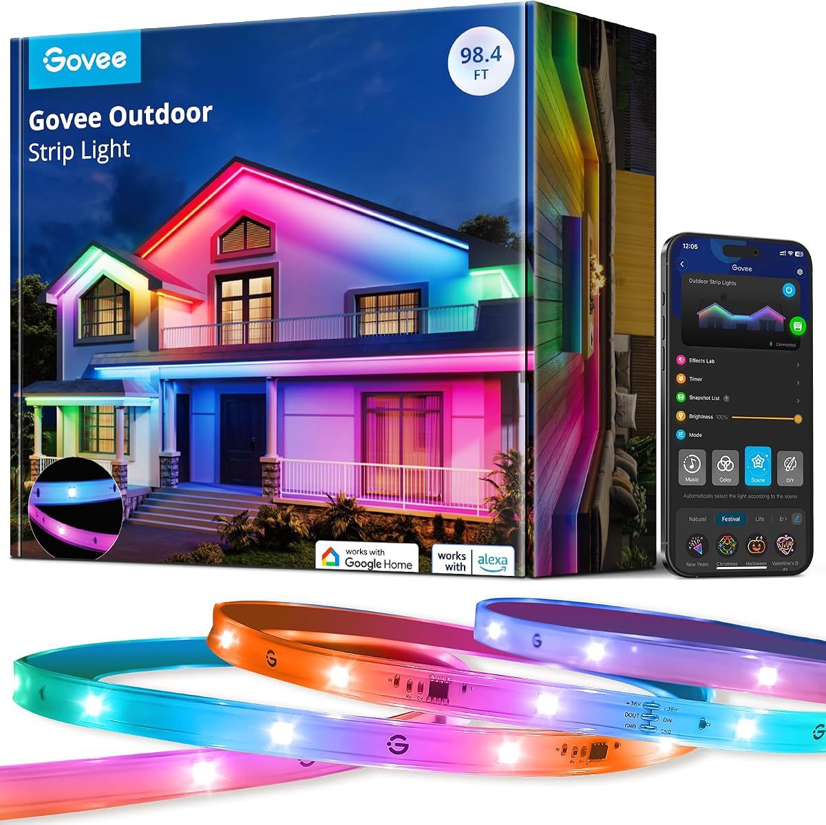 Tira de luces LED para exteriores, luces inteligentes para exteriores de 98.4 pies que funcionan con Alexa y el Asistente de Google, control de aplicaciones, IP65 a prueba de agua, luces RGBIC para patio, alero, decoraciones de fiestas | Luces exteriores impermeables, tira de luces LED para Patio, alero, decoraciones para fiestas, Compatible con Alexa y Asistente de Google