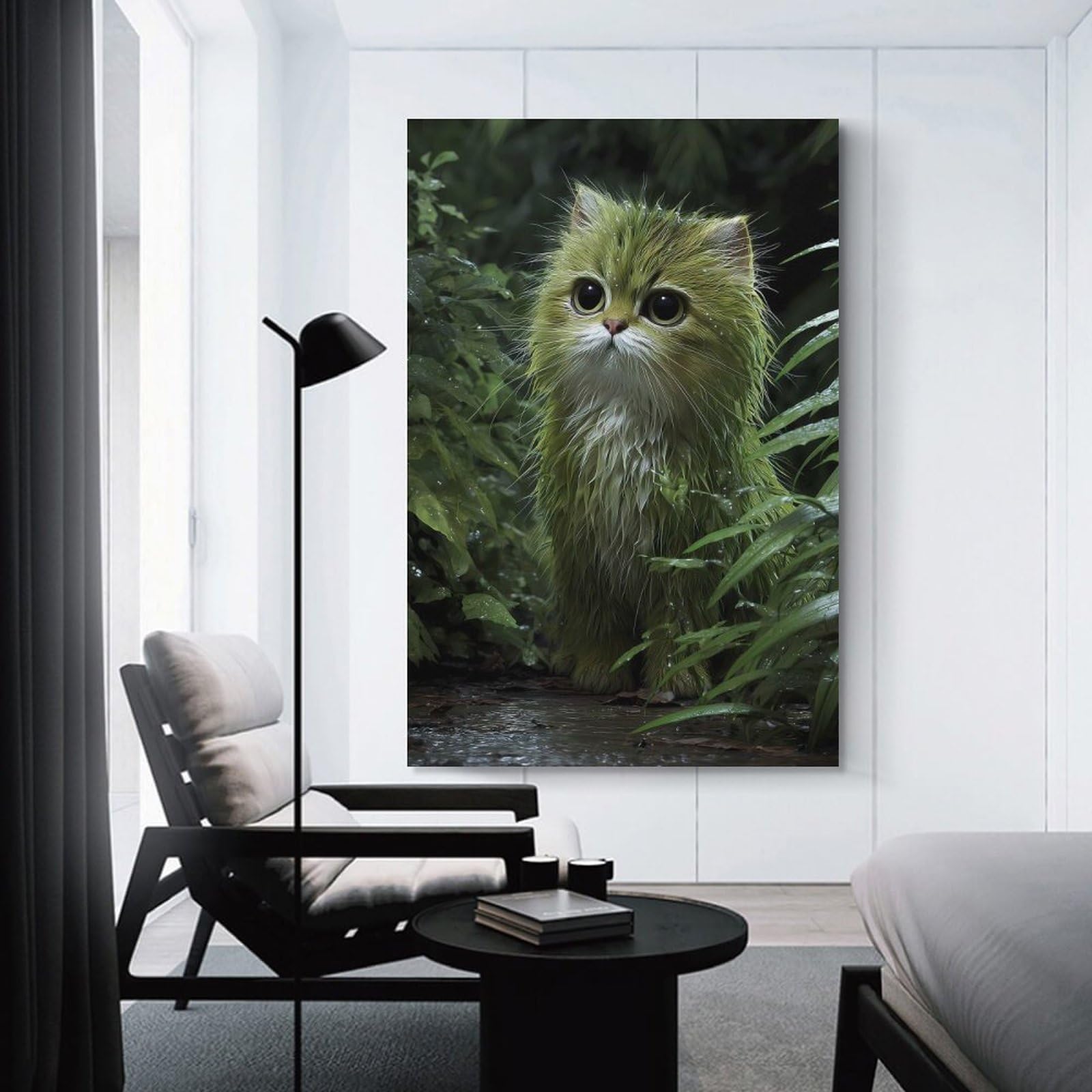 Junmoney Wall Picture Print Green Feline in Rainy Forest, 20x30inch(50x75cm), for Living Room, Bedroom Or Home Office, Thoughtful Wall Decor for Art Lovers