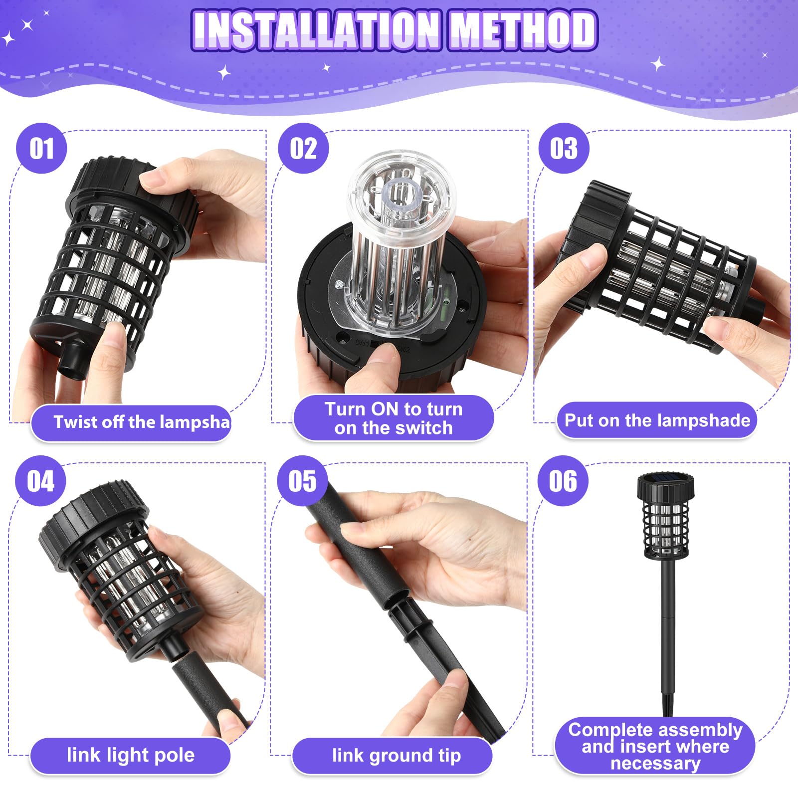 Qualirey Confezione da 4 lampade a energia solare per esterni, impermeabili, repellenti per zanzare, con luce LED, per esterni, giardino, patio, cortile (luce bianca e viola, nero)