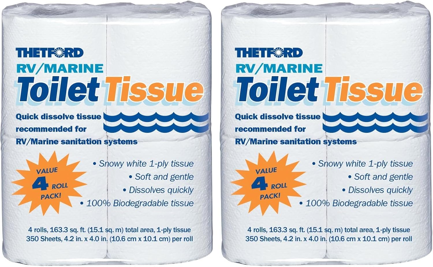 Thetford RV/Marine Toilet Tissue - Toilet Paper for RV and Marine - 1-ply - 4 rolls - Thetford 20804 (Pack of 2)