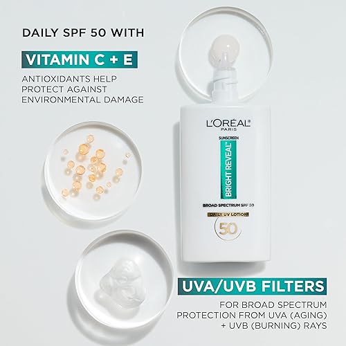 Miniatura 5 de L'Oreal Paris Bright Reveal Loción UV diaria SPF 50 de amplio espectro, 1.7 onzas líquidas + muestra de crema hidratante