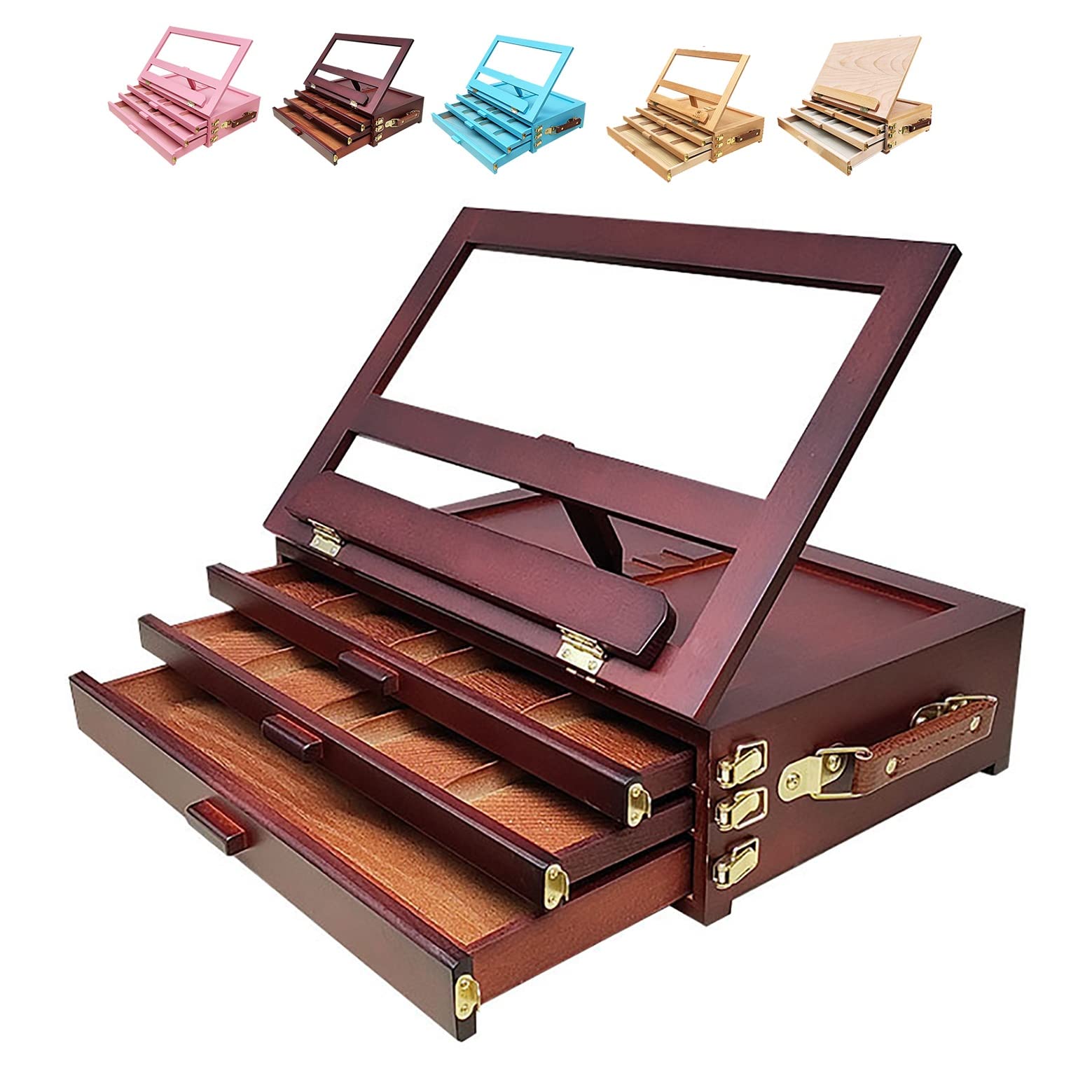HADECOLL Strong And Durable Three-Tier Drawer Desktop Sketch Easel Storage Picture Box 40X27X13Cm Premium Beechwood Adjustable Easel,4 Different Angles,For Portable Sketching,A