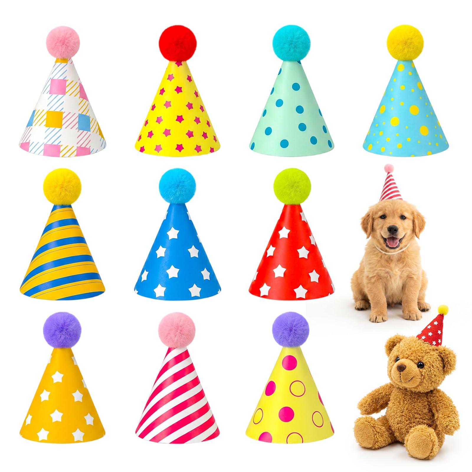 Rahhlizs 10 Pcs Colorful Mini Party Hats for Stuffed Animals Lovely Paper Cone Birthday Hats with Pom Poms Stuffed Animal Party Hat with Pom Poms for Pets, Stuffed-Animals, Accessories