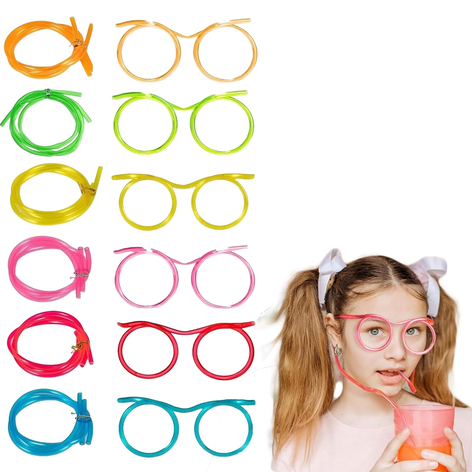 Pailles bouclées réutilisables lot de 12 en plastique coloré avec motif lunettes pour fête