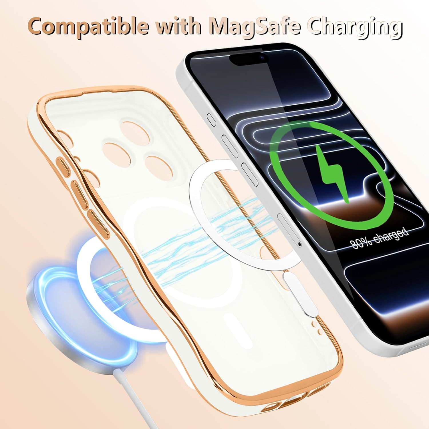 LCHULLE for iPhone 17 Pro Max Case for Women Girls [Compatible with MagSafe] Cute Curly Wave Shape, Magnetic Love Heart Pattern with Camera Lens Cover Luxury Plating Shockproof Phone Case, White - Image 4