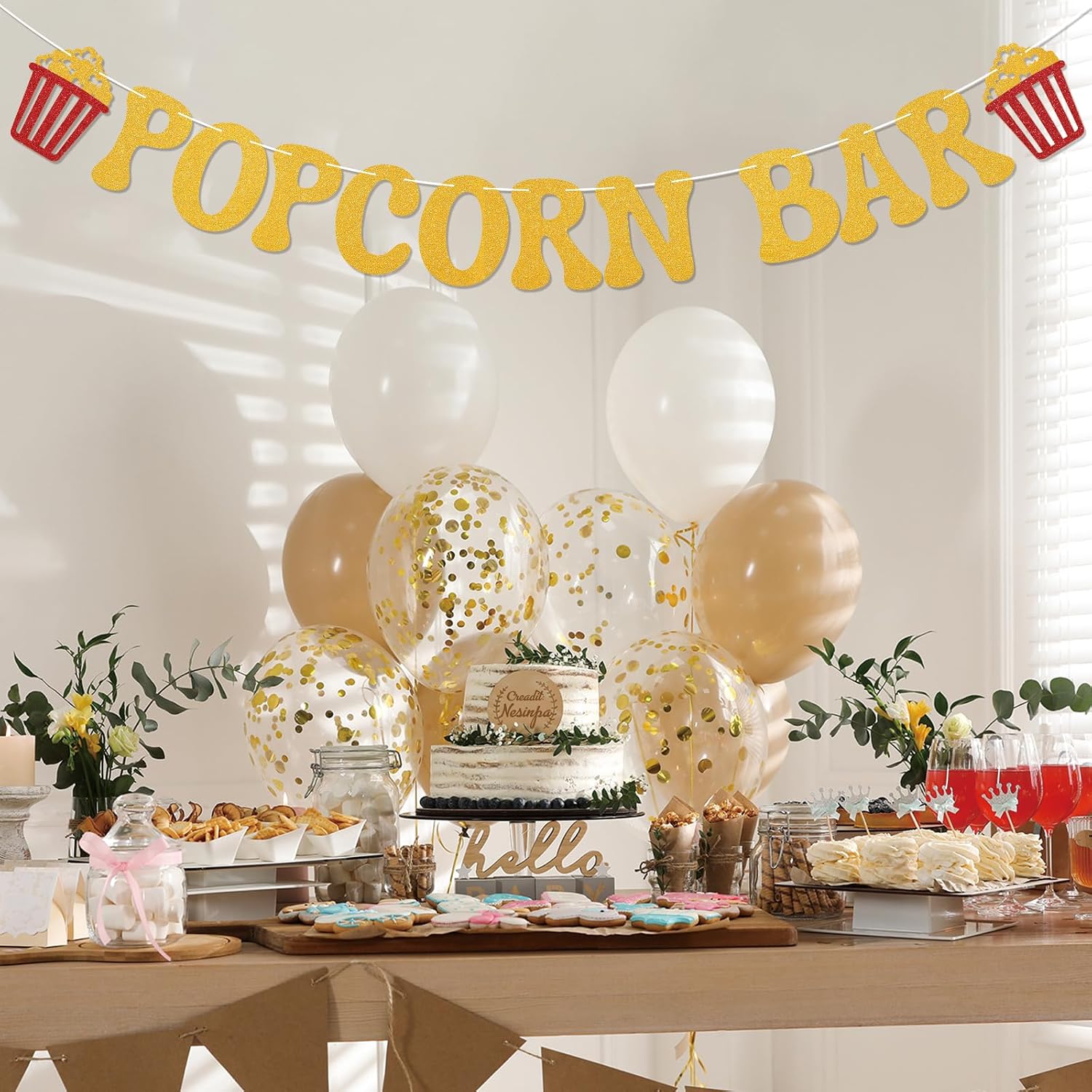 Popcorn Bar Banner - Movie Popcorn Birthday Party Decor, Popcorn Baby Shower Bachelorette Party Decoration Gold Glitter image 5
