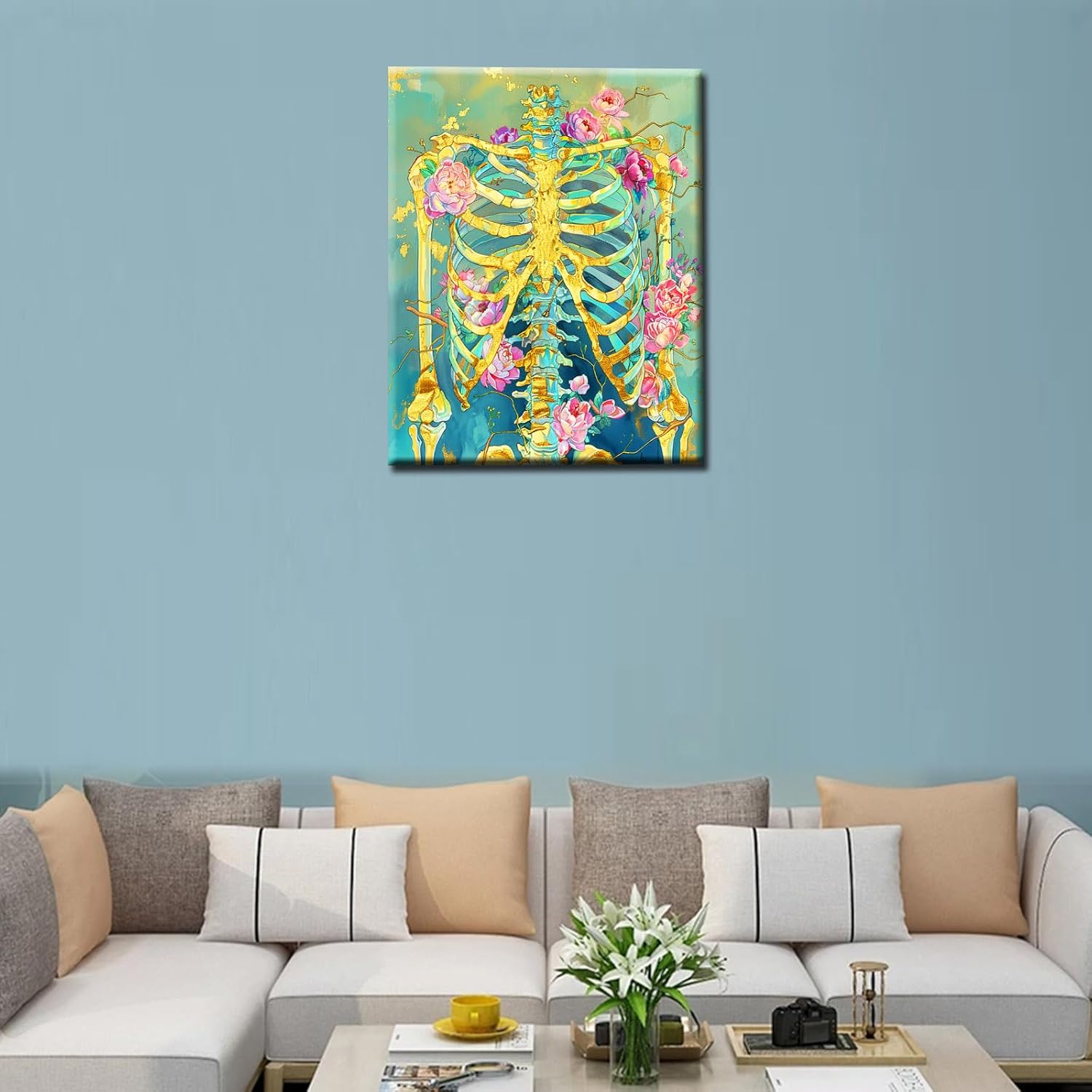 Human Body Anatomy Paint by Numbers for Adults Beginners Flowers Skeleton Paint by Number Skull Floral DIY Acrylic Paint by Numbers Kits on Canvas Drawing Artwork Home Wall Art 16x20inch Frame
