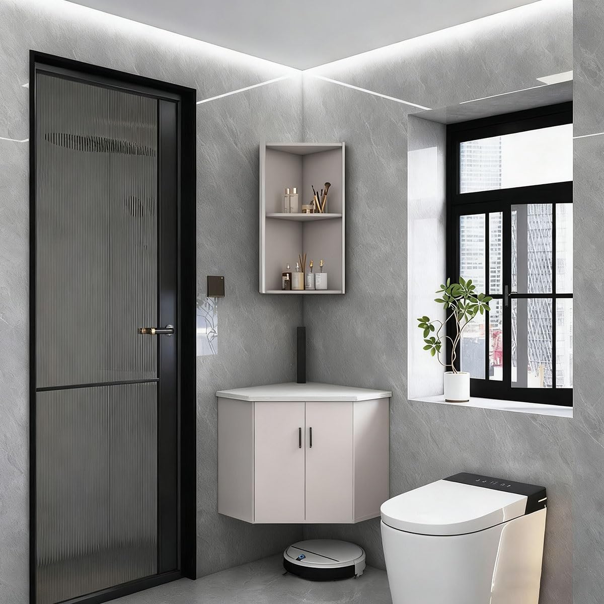 Mueble De Baño De Esquina con Lavabo, Lavabo De Esquina De Pared Que Ahorra Espacio con Espacio De Almacenamiento, Espejo Y Accesorios para Baños Pequeños.,43cm