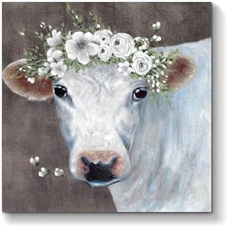 White Cow Picture Wall Art: Abstract Animal Artwork Painting on Canvas for Bathroom (12" W x 12" H, Multiple Sizes/Material)