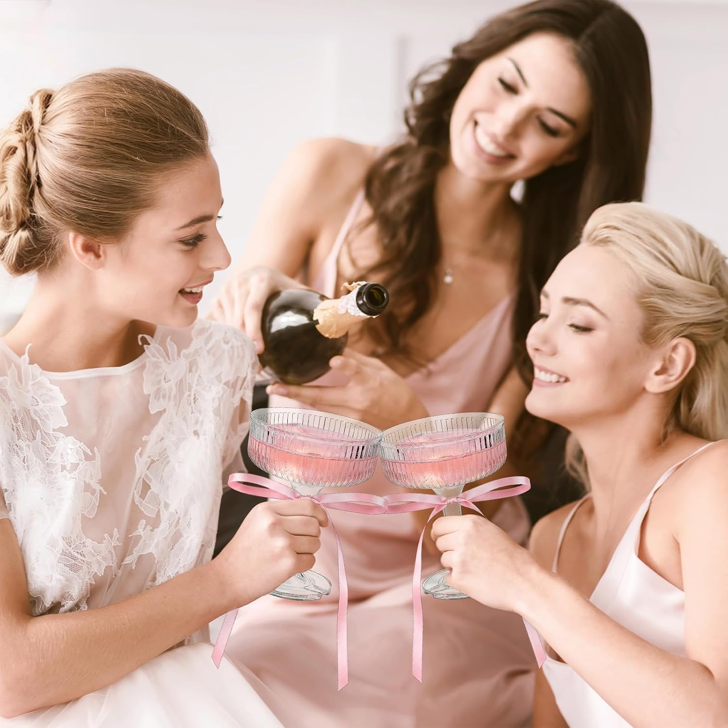 JarThenaAMCS 30Pcs Plastic Champagne Coupe Glasses with Bow 7 Oz Disposable Cocktail Champagne Tower Set Stackable Acrylic Ribbed Martini Glasses for Birthday Wedding Party Bar Decor, (Pink)