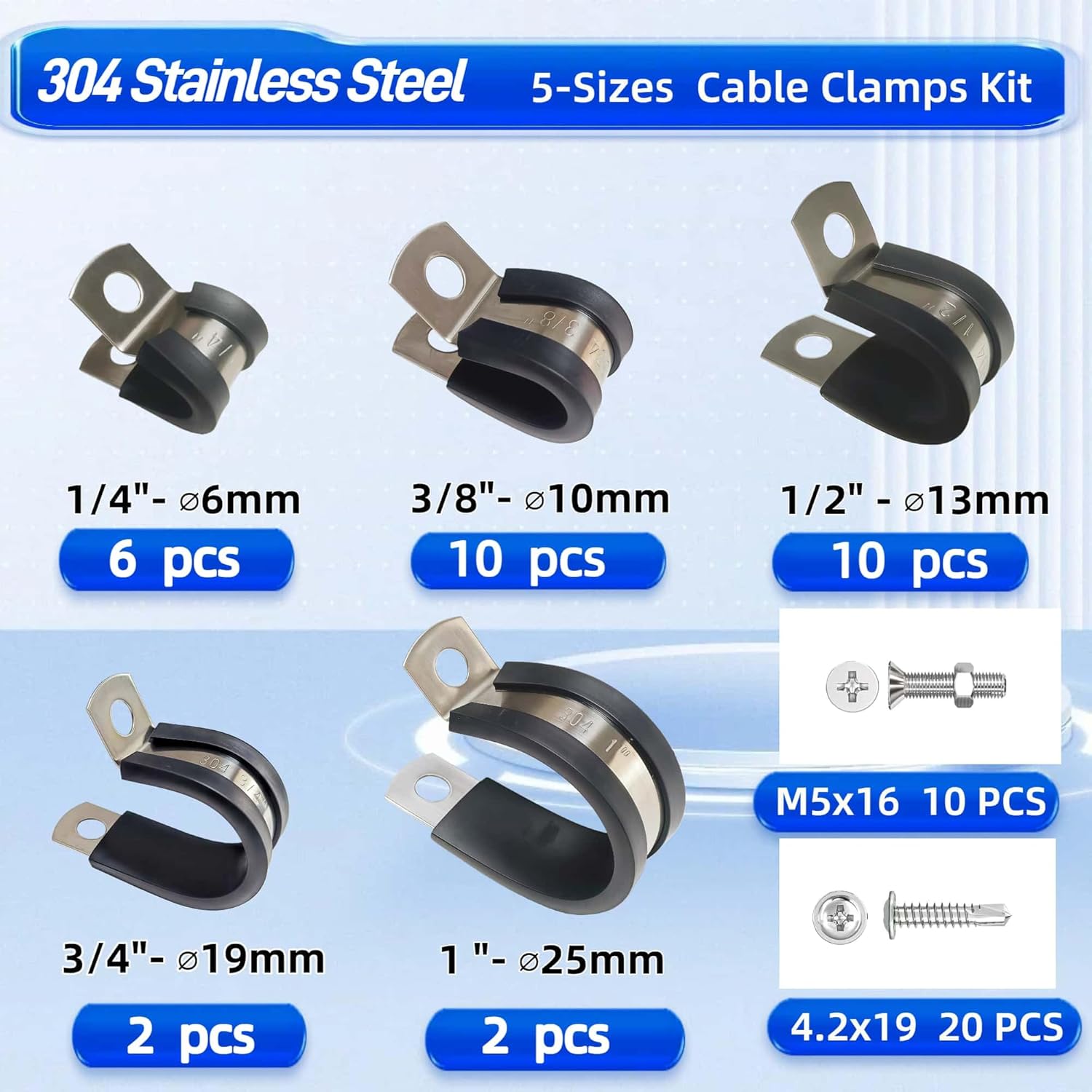 60 Pcs Cable Clamps Kit, 304 Stainless Steel Wire Clamps with Rubber Cushion for Hose, Pipe Protection and Management, 5-Size (1/4", 3/8", 1/2", 3/4", 1")