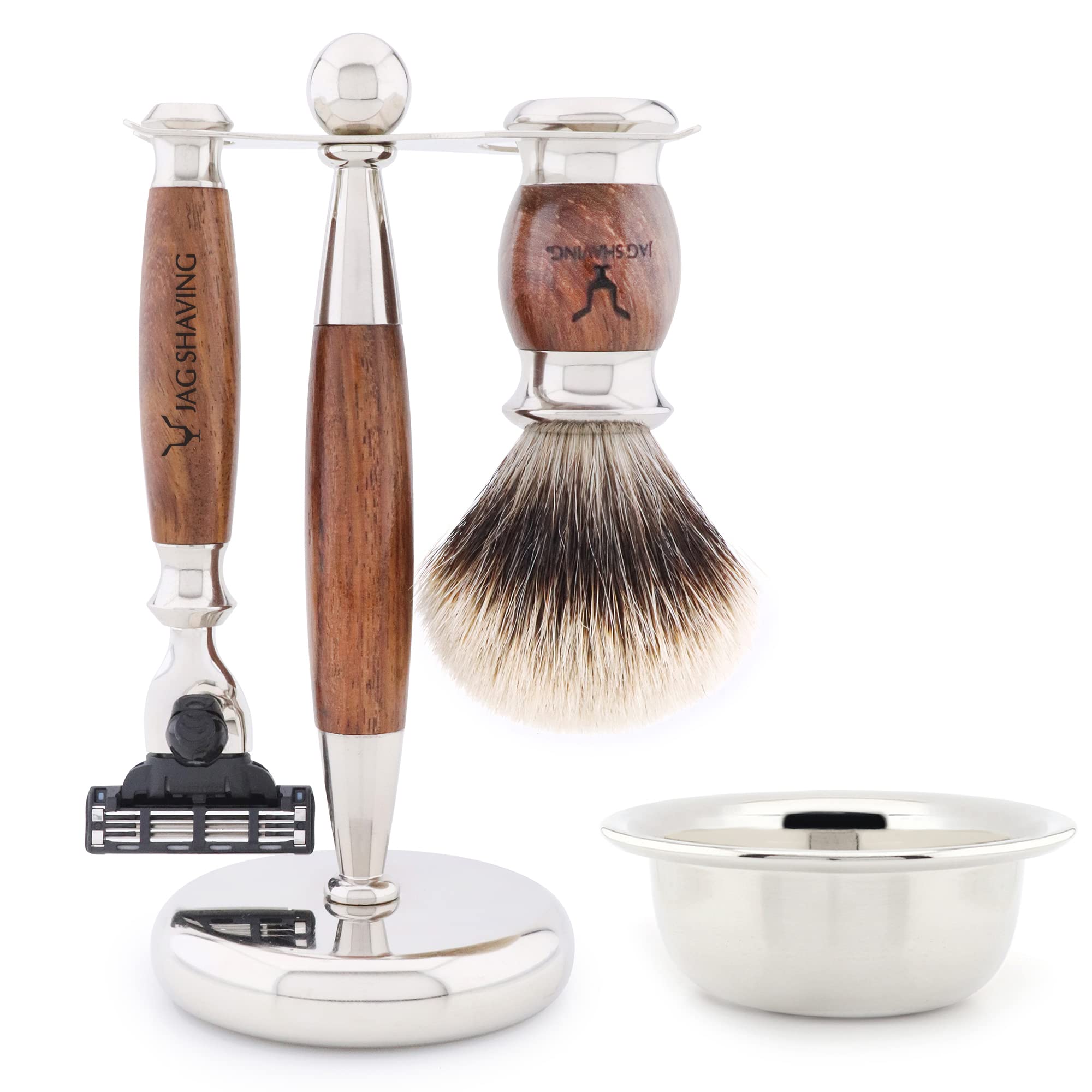 Jag Shaving Rasierset - JAG's LEE Range 5-teiliges Rasierset - Silberspitz Dachshaar Rasierpinsel - 3 Rasierklingen Rasierhobel - Rasierständer aus Edelstahl und Holz - Rasierschale - Holz Set
