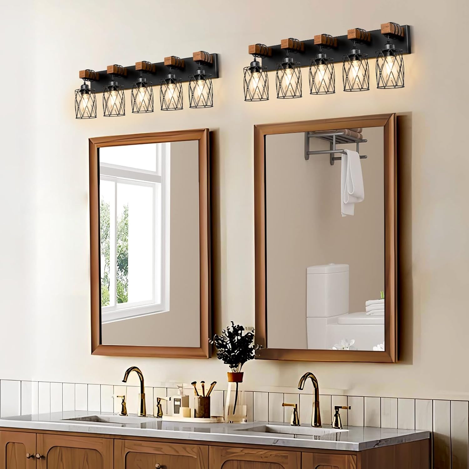 IZORRO Farmhouse Bathroom Vanity Light, 5-Light Wood Bathroom Light Fixtures Over Mirror, Black Industrial Vanity Lights with Metal Shade, Rustic Restroom Lighting Fixtures