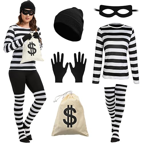 Women's Robber Costume, Thief Cosplay T Shirt, Burglar Accessories Halloween Costume Set for Adult