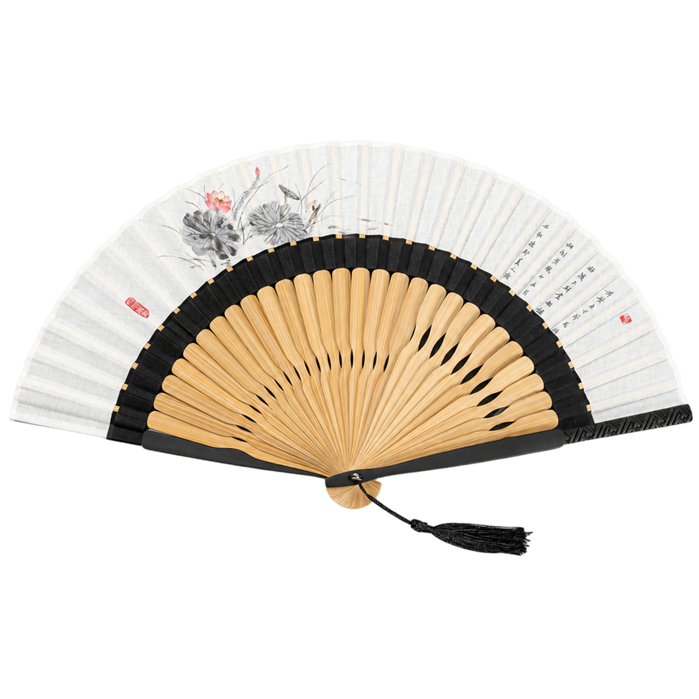 Nukinp Folding Hand Fan, Chinese Fan With Cotton Linen Ink Painting Surface, Double-section Bamboo Ribs & Tassel Decor Style 2