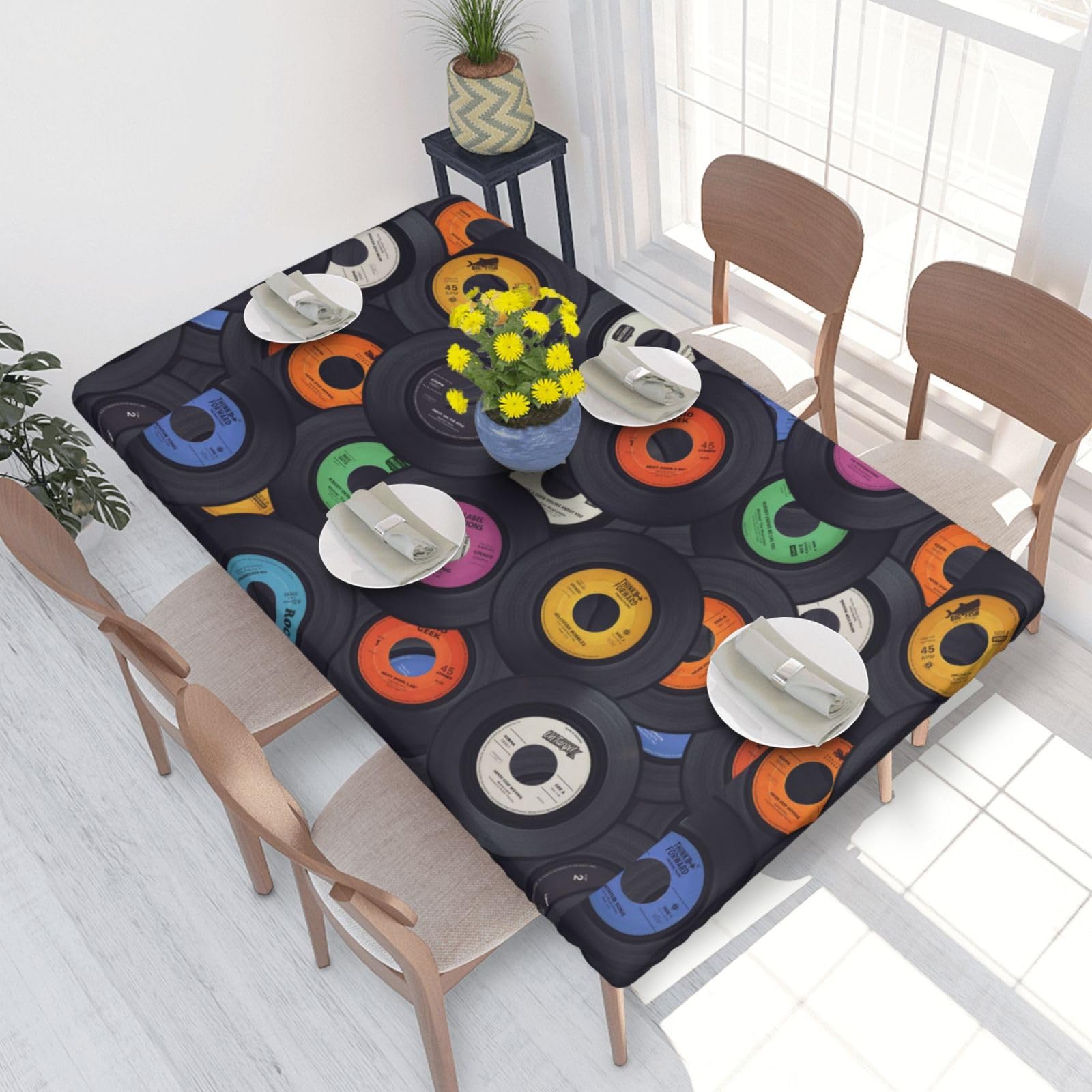 BeNtli Tablecloth,Waterproof Fitted Table Cloth Elastic Edged Table Cover 4FT for Kitchen,Vinyl Records Music Album