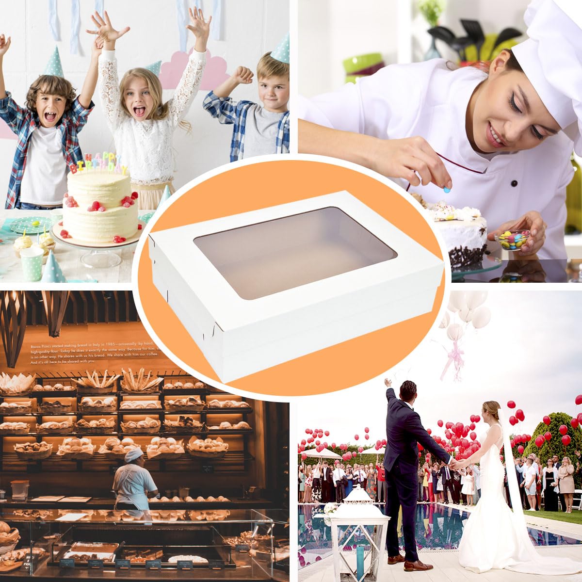 JJO Paquete de 6 cajas para tartas con ventana, cajas grandes de panadería corrugadas rectangulares para donas, brownies, pastelería, magdalenas, suministros de decoración (20 x 14 x 5 pulgadas)