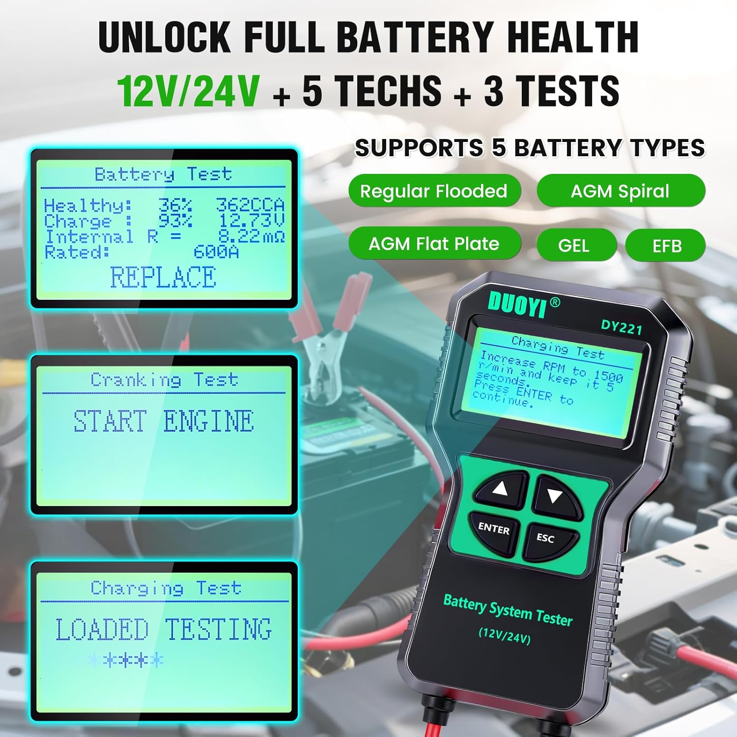 DUOYI DY221 Battery Tester display showing battery test results: Healthy 36%, Charge 93%, 12.73V, Internal R 8.22mΩ, Rated 600A, with a 'REPLACE' recommendation.