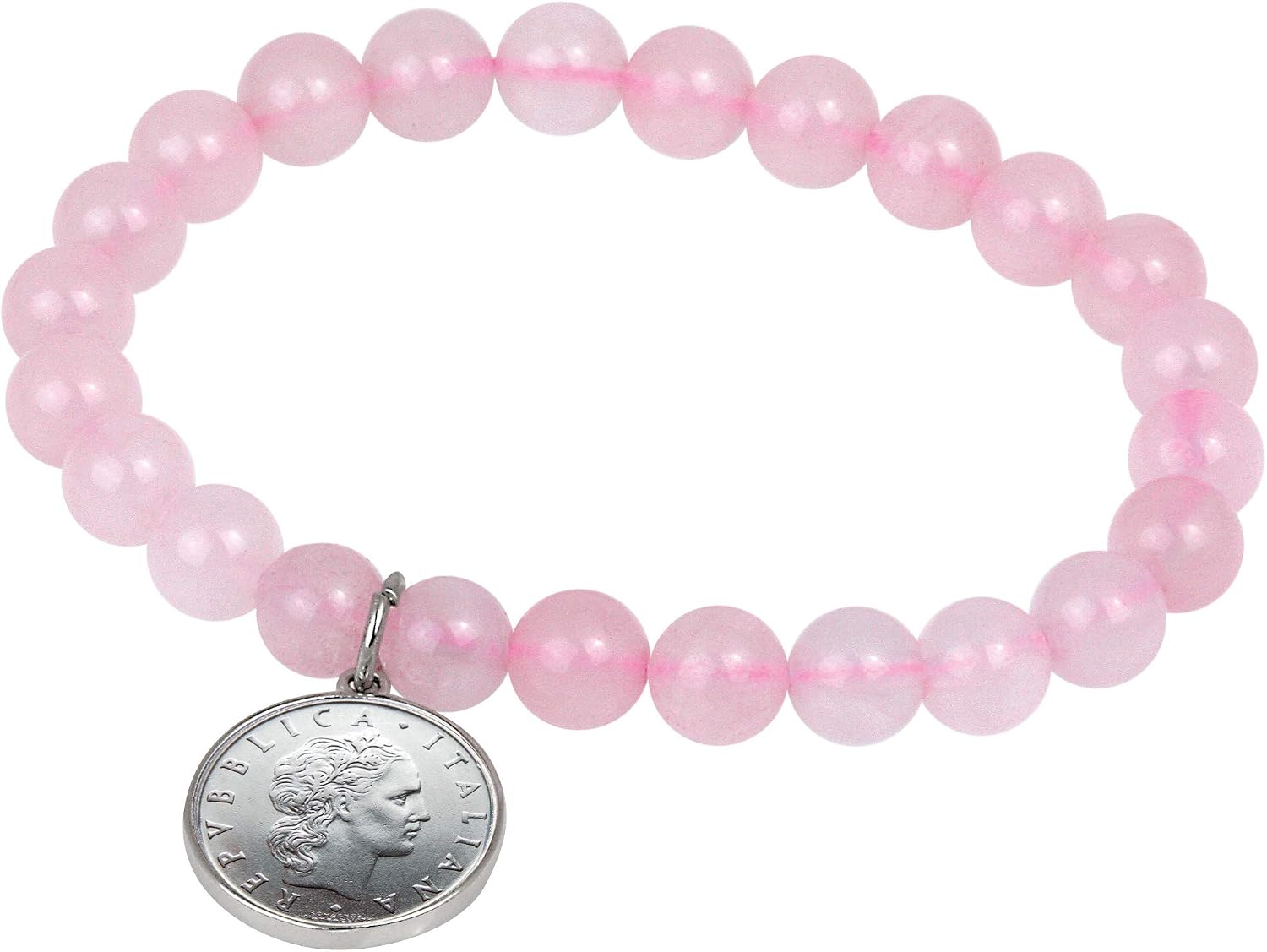 Italian 50 Lire Friendship Coin Rose Beaded Bracelet | Stretch Style | 7 Inch One Size Fits All | Certificate of Authenticity